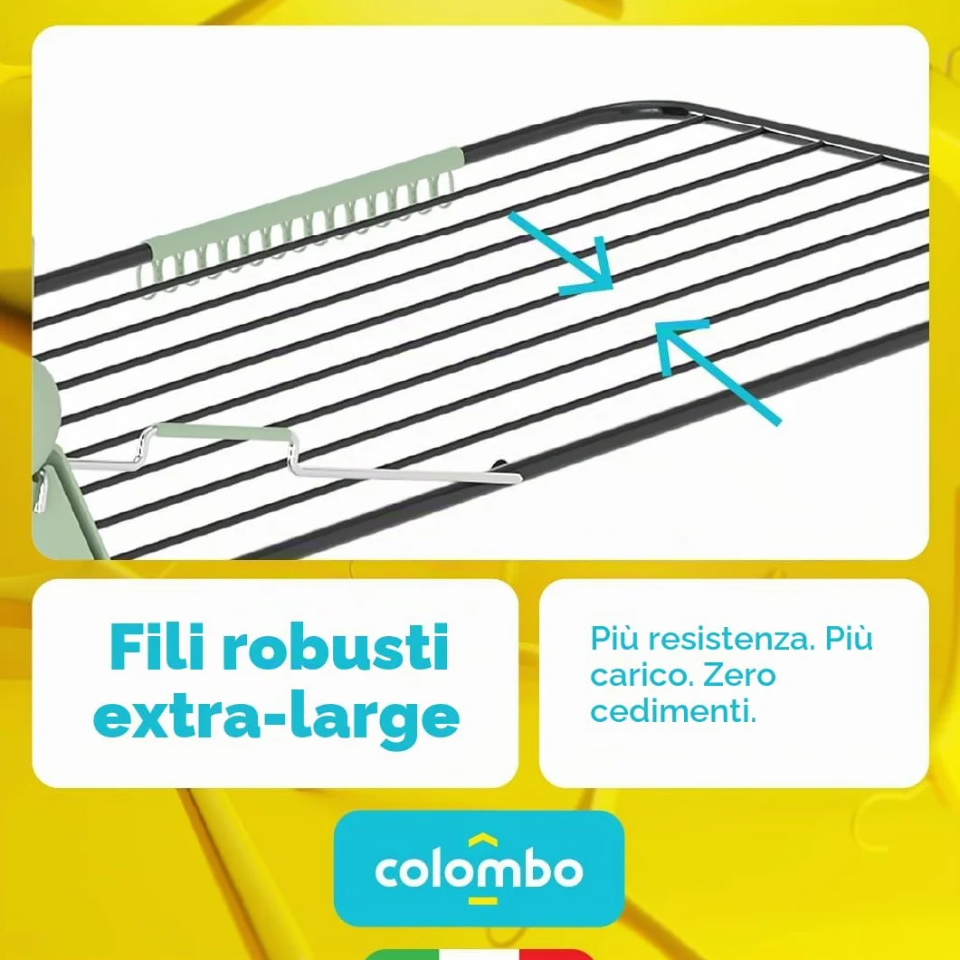 Colombo Stendibiancheria Titano con Barra Portabiti Pieghevole a 2 Livelli Acciaio Alluminio Antiruggine Capacità 15kg 30m Made in Italy