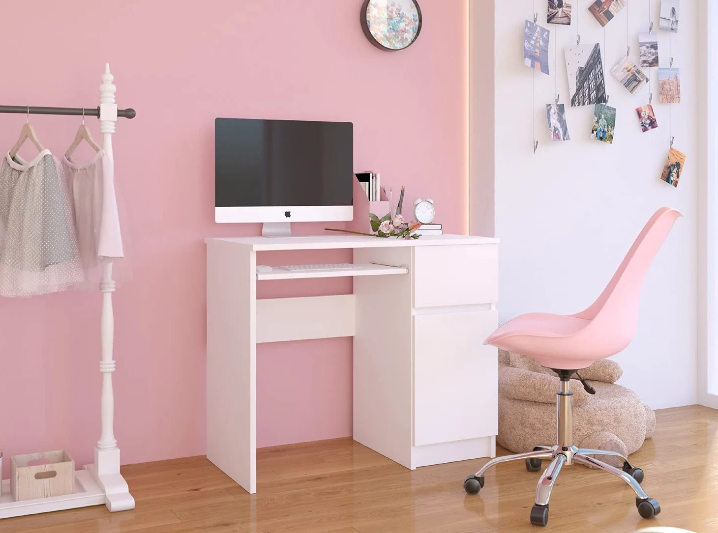 Tavolo per computer, tavolo da ufficio, con 1 cassetto, 2 ripiani e un ripiano estraibile per tastiera, 90 x 50 x 77 cm, piano in laminato resistente all'abrasione con bordo ABS, bianco, destro