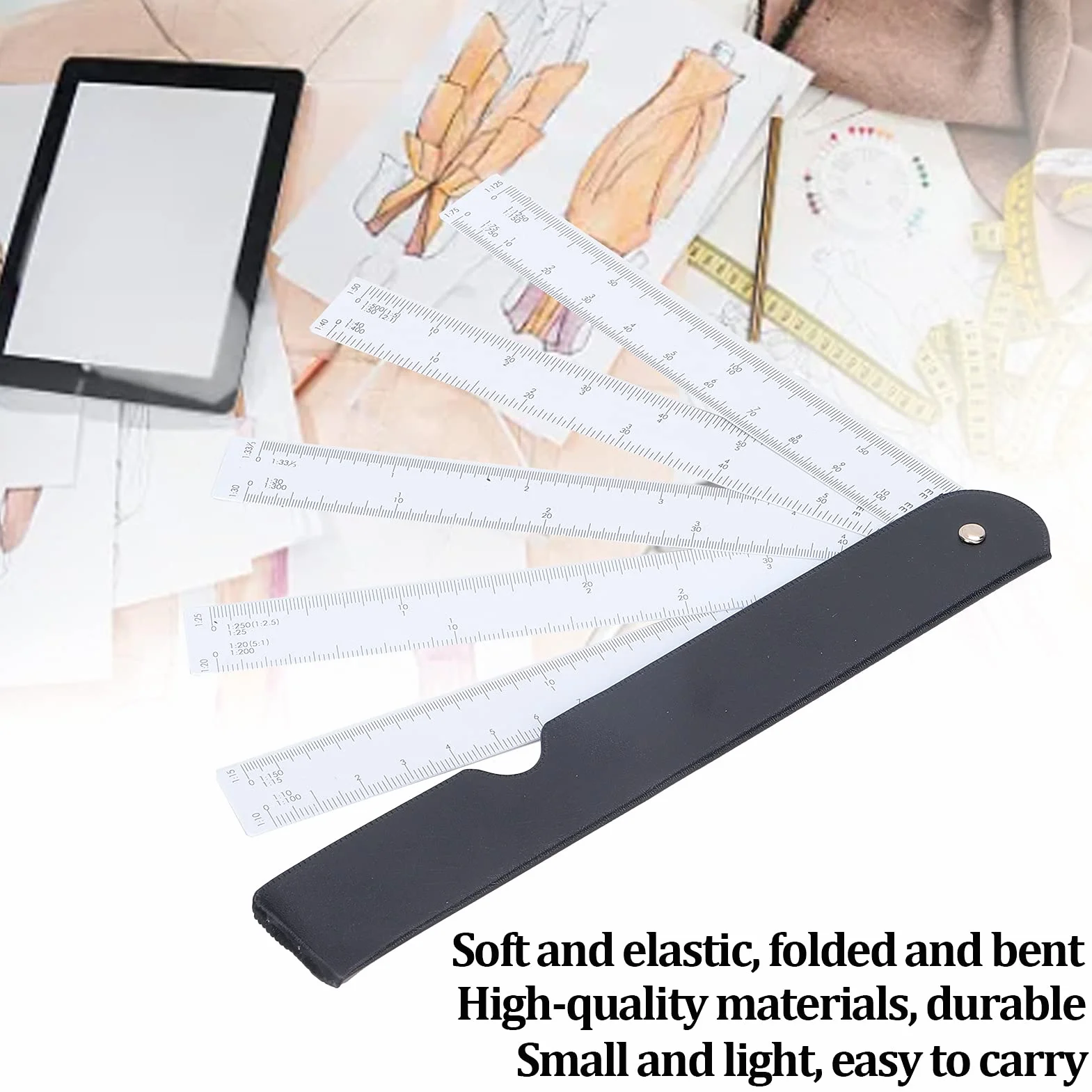 Righello Compatto Multifunzione a Ventaglio per Design di Moda, Interni, Mobili, con Calibrazione Chiara e Protezione in Pelle