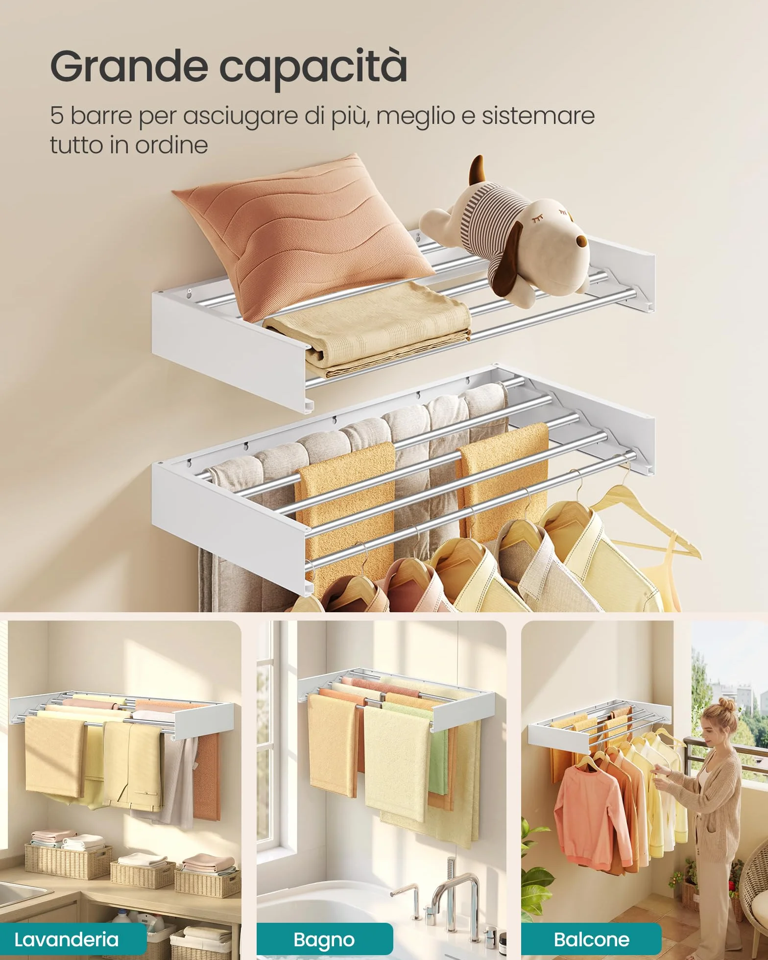SONGMICS Stendibiancheria da Parete Pieghevole 5 Barre Alluminio 80 cm Bianco Opaco