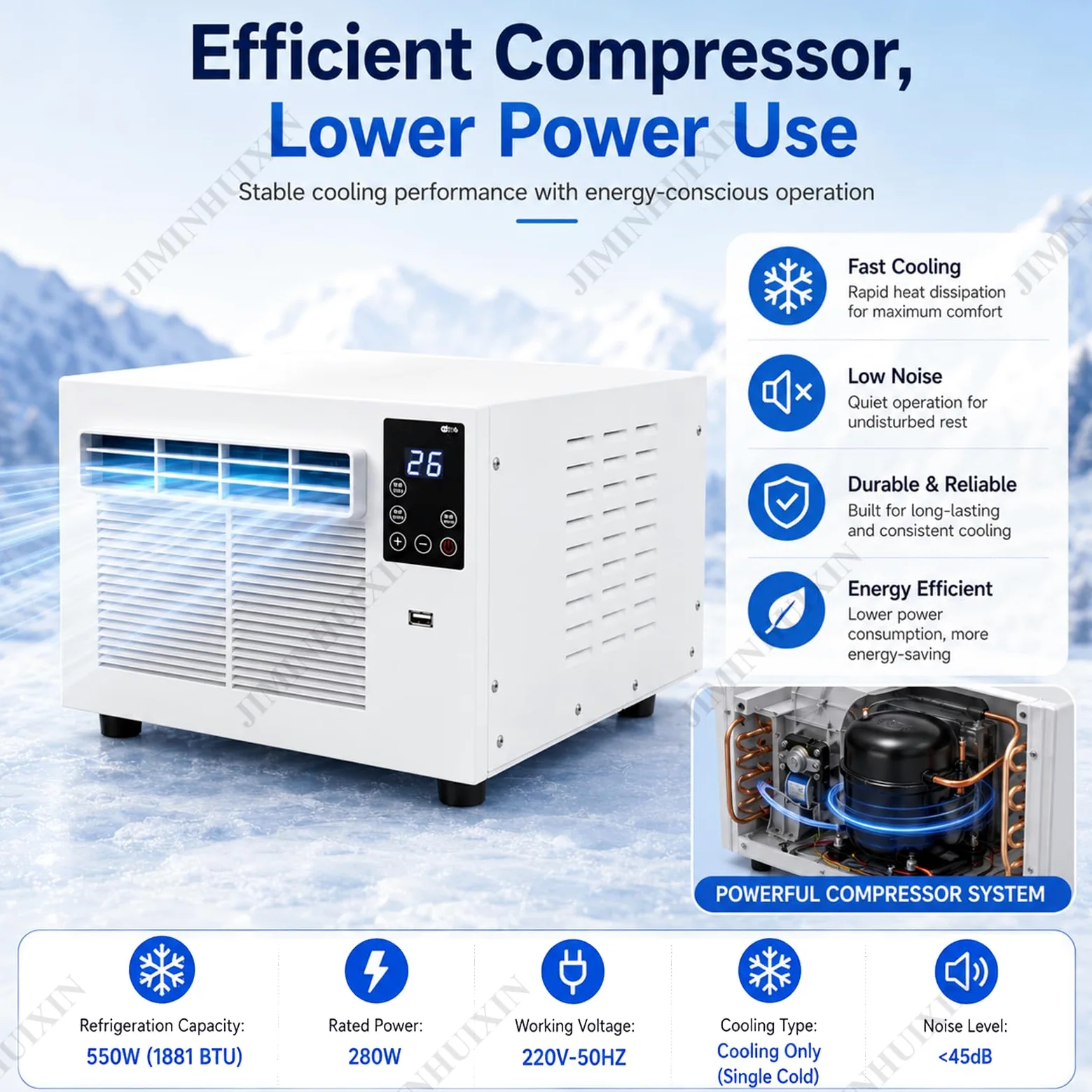 Climatizzatore per Camper Portatile 280W 1881 BTU Condizionatore, Silenzioso 45dB con Vero Compressore, senza Unità Esterna, Deumidificatore, per Tenda, Campeggio, Camper, Roulotte, Ufficio