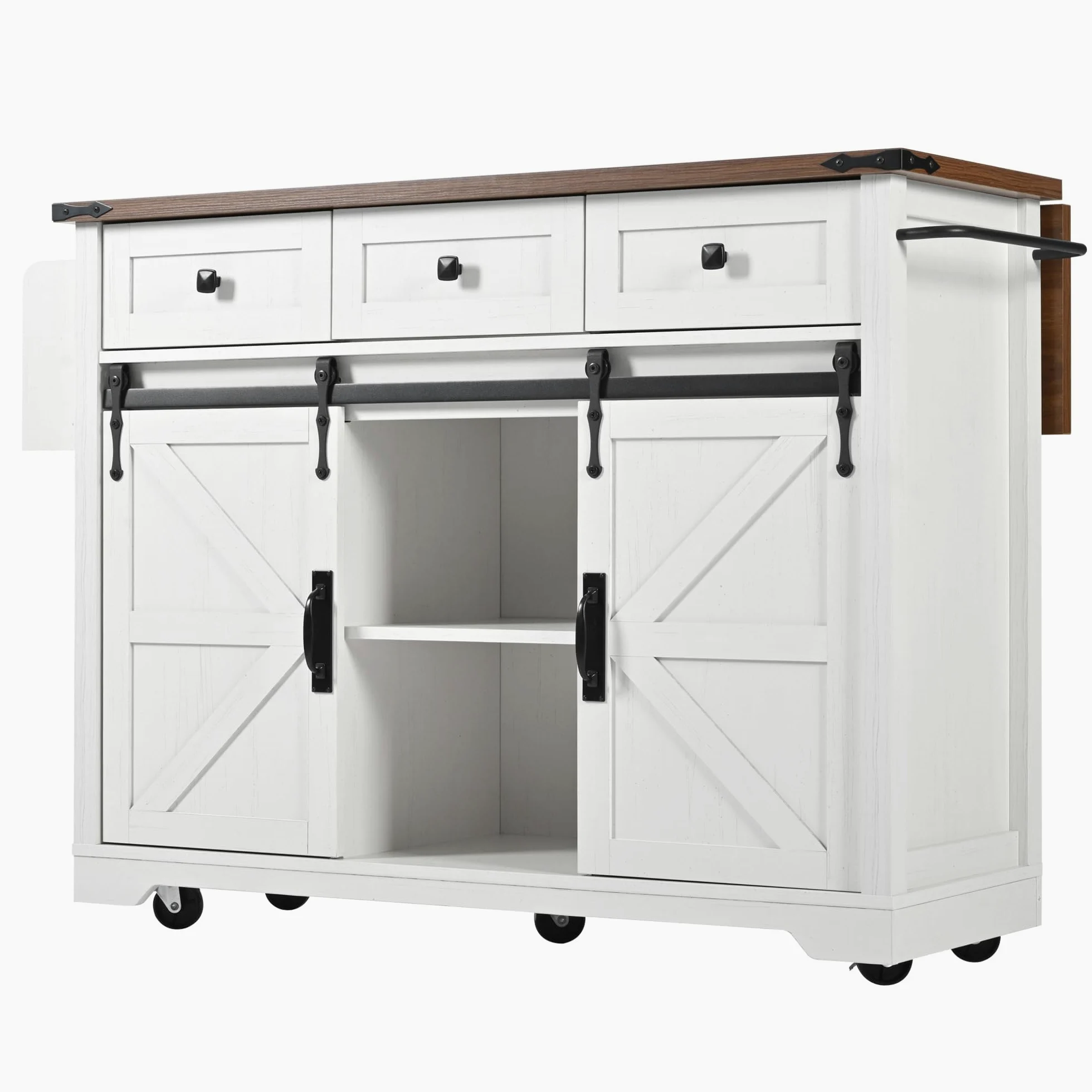 Isola della Cucina, Carrello da Portata Con Piano di Lavoro Estraibile, Su Ruote, Armadio Con Ante e Cassetti (Due Ante+Tre)