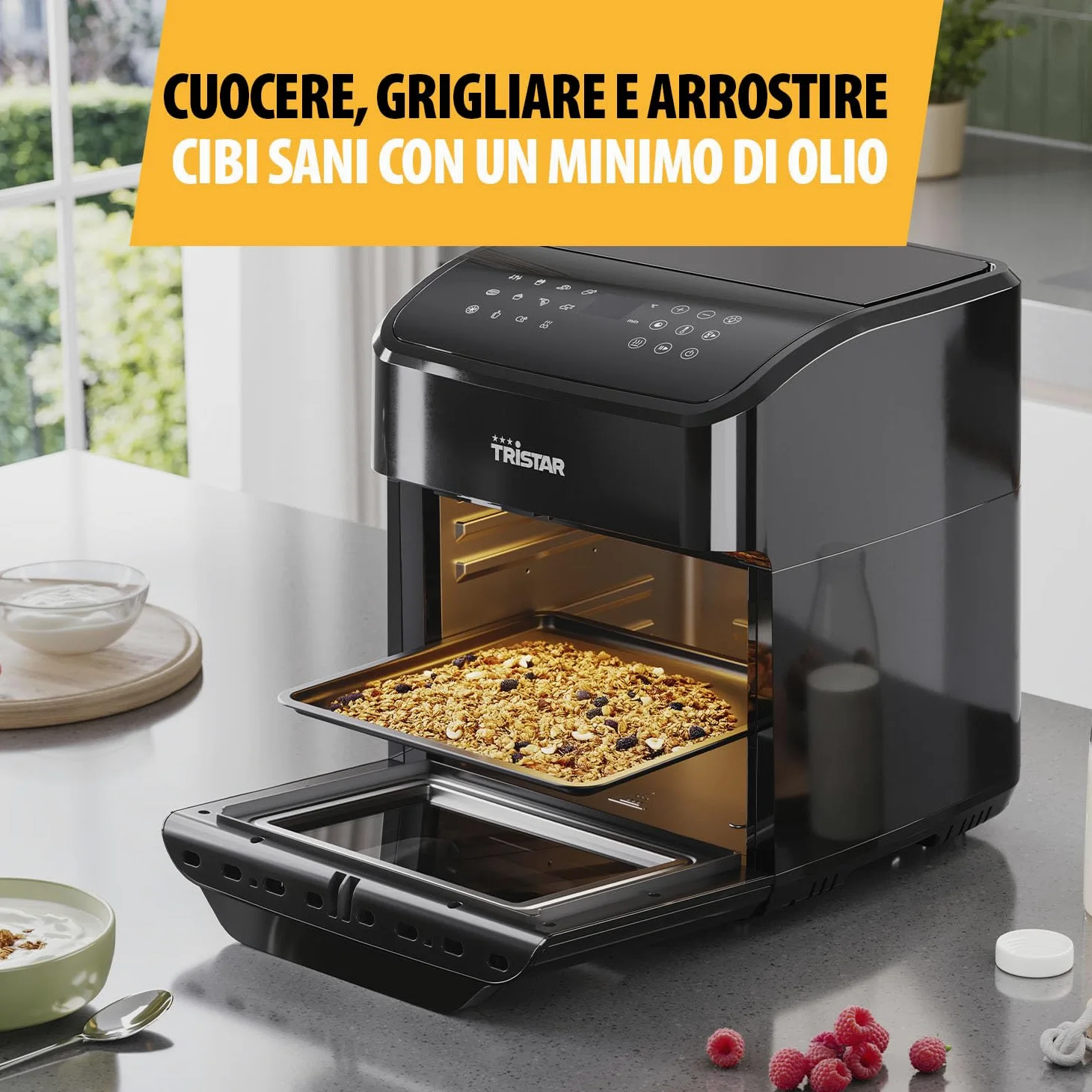 Tristar Friggitrice ad Aria 12 L con Funzione Mini Forno, Airfryer 2 in 1 Ventilato, 12 Programmi, Display Digitale, Finestra, Funzione Shake, Senza BPA, 1800 W, FR-9065