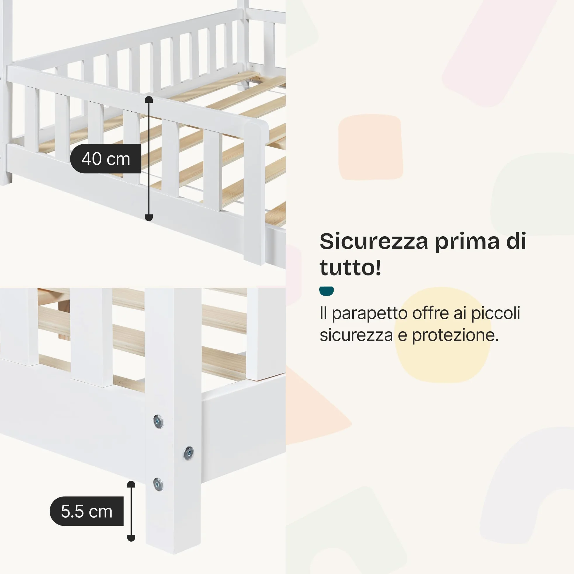 [en.casa] Letto per Cameretta Lettino a Forma di Casetta con Sbarre Letto Piazza e Mezza per Bambini Struttura in Legno di Pino 120 x 200 cm Bianco