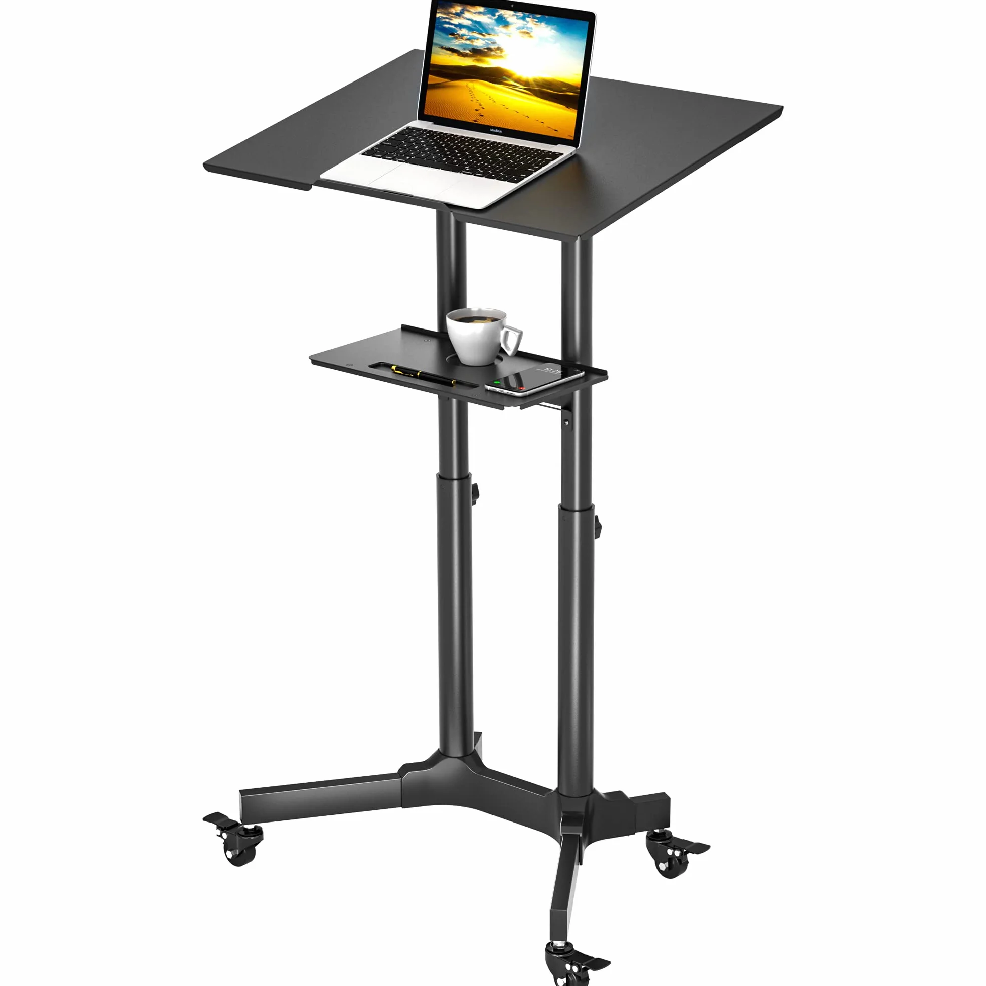 BONTEC Tavolino da Laptop, Tavolino Porta PC con Ruote Bloccabili e Piano Inclinabile, Altezza Regolabile, per Lavoro Studio Tavolo del Computer Spostabile,Nero