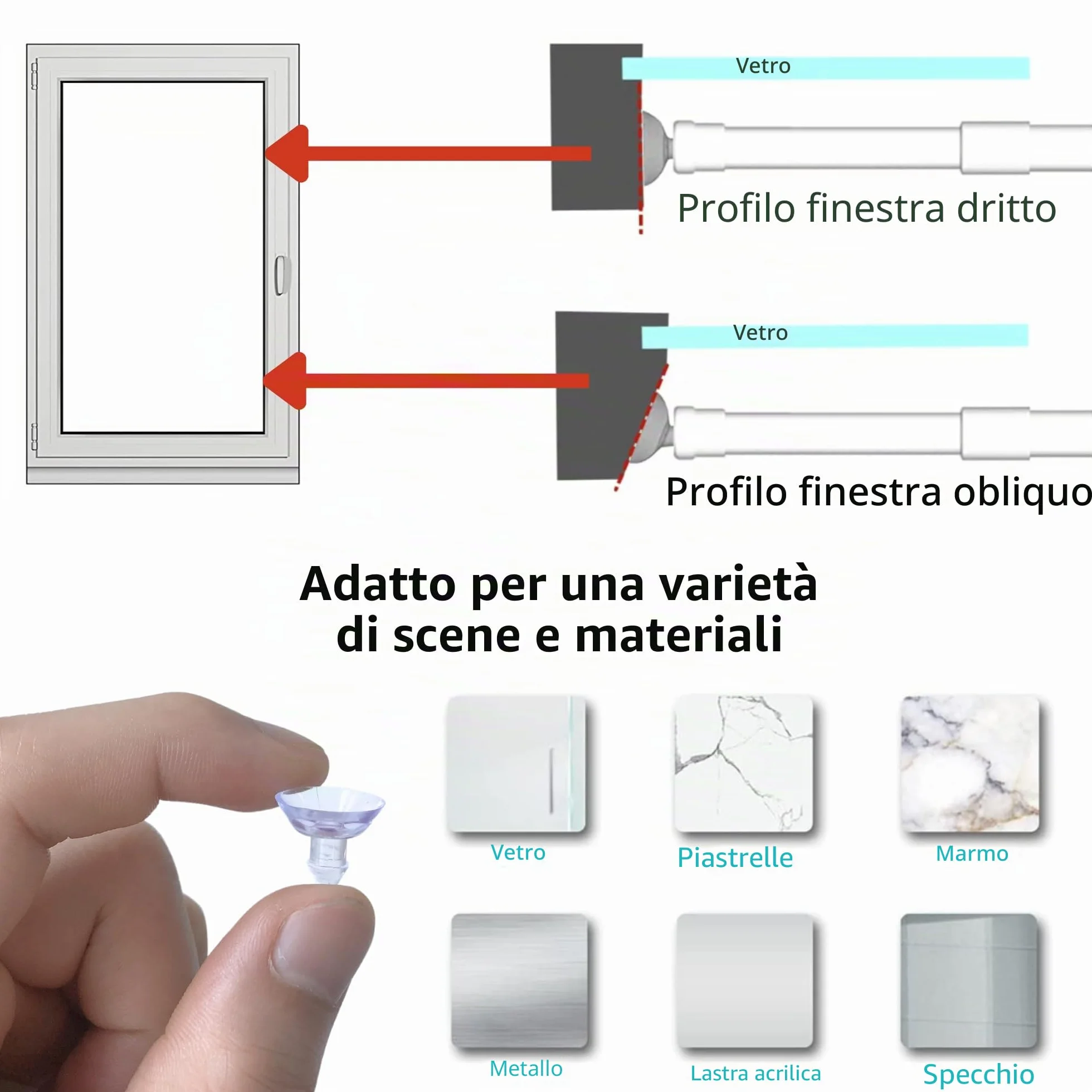 Aste per Tende Senza Forare Bistrot Con Morsetto Ventose Viti 30-45 cm Bianco Confezione da 2