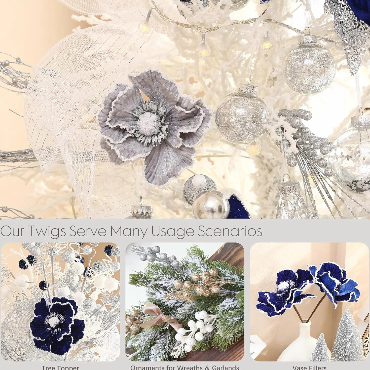 Sea Team Confezione da 12 ornamenti artificiali con fiori di Natale, magnolie in tessuto floccato con glitter, decorazioni floreali per albero di Natale, ghirlanda, 6,3 pollici. Argento