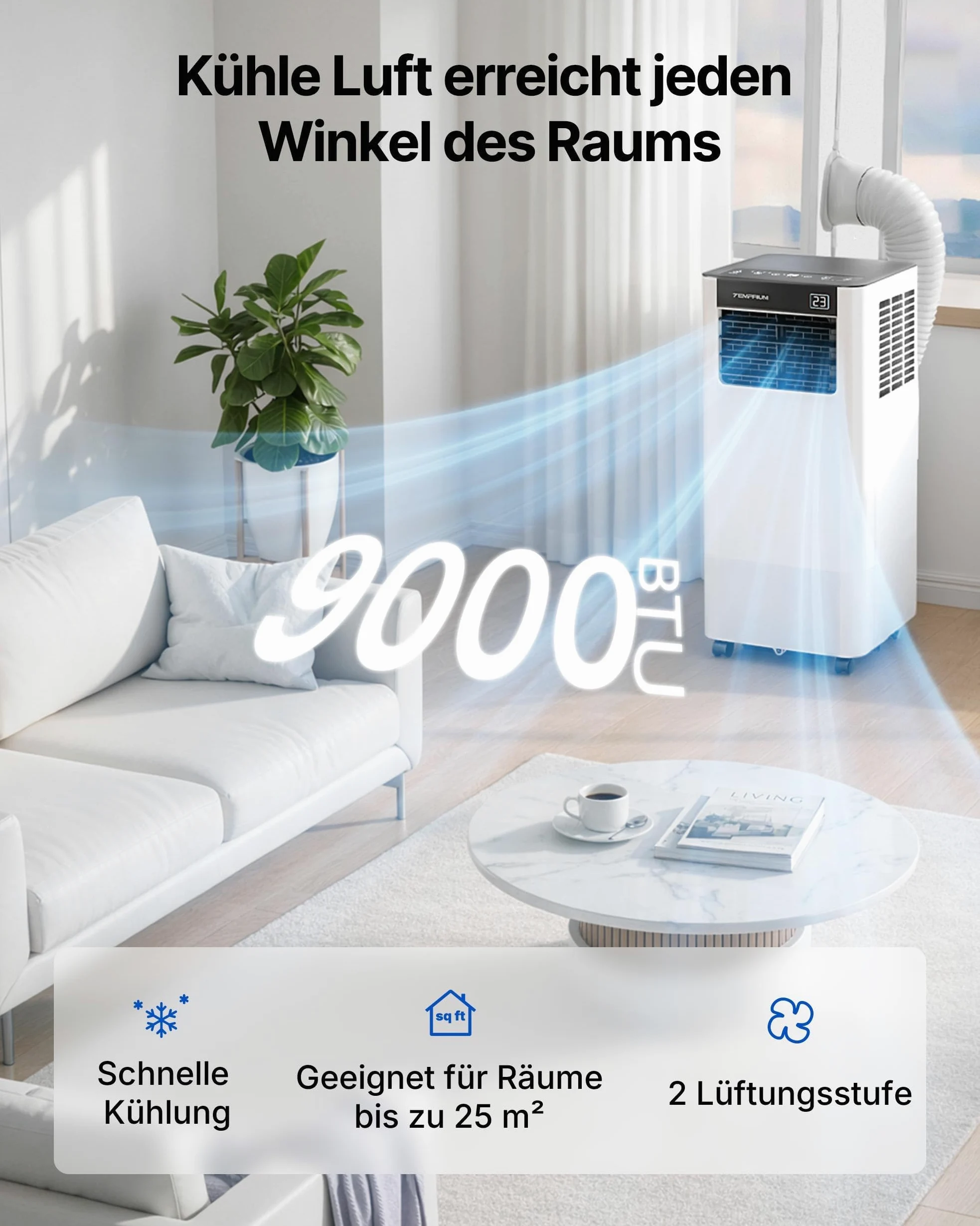 Condizionatore Portatile 9000 BTU, Temprium Climatizzatore Portatile 3-in-1, Controllo tramite App/Telecomando, Kit di Tenuta per Finestra, Timer 24H, Funzionamento Silenzioso <48 dB, Copertura 25 m²
