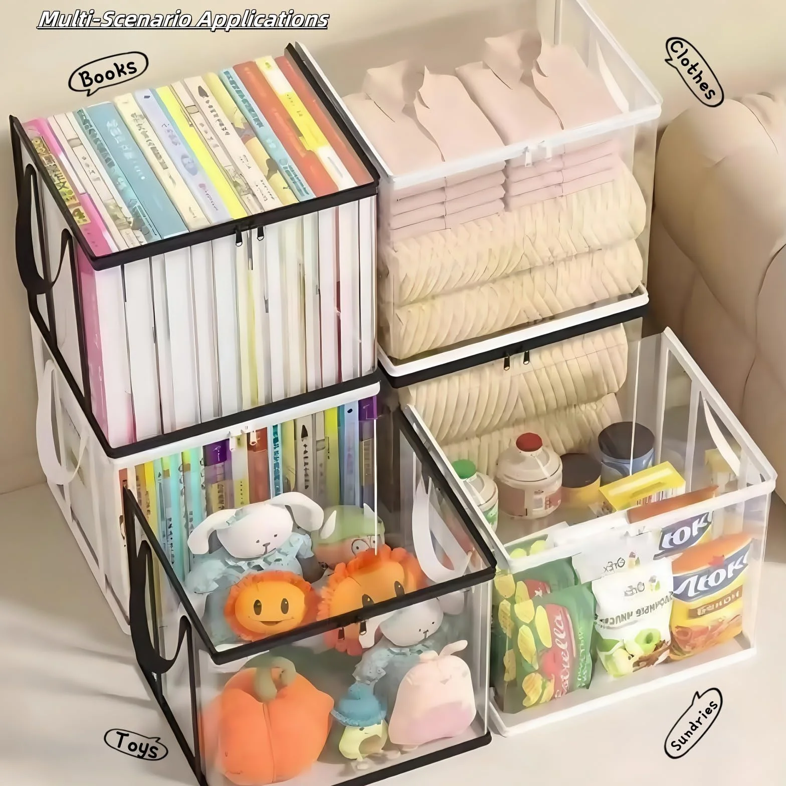 Borsa trasparente con manico, organizer con cerniera per traslochi, libri, CD, DVD, resistente, confezione da 2 (grande e piccola) (nero)