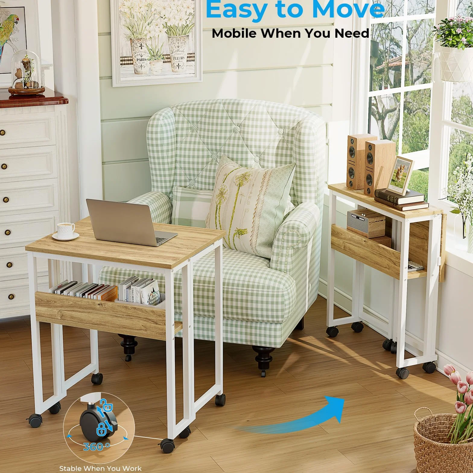 GreenForest Piccola Scrivania Pieghevole Salvaspazio con Scaffale, 63 CM Scrivania da PC su Ruote Facile da Assemblare, Adatta per Ufficio, Camera da Letto e Studio, Beige