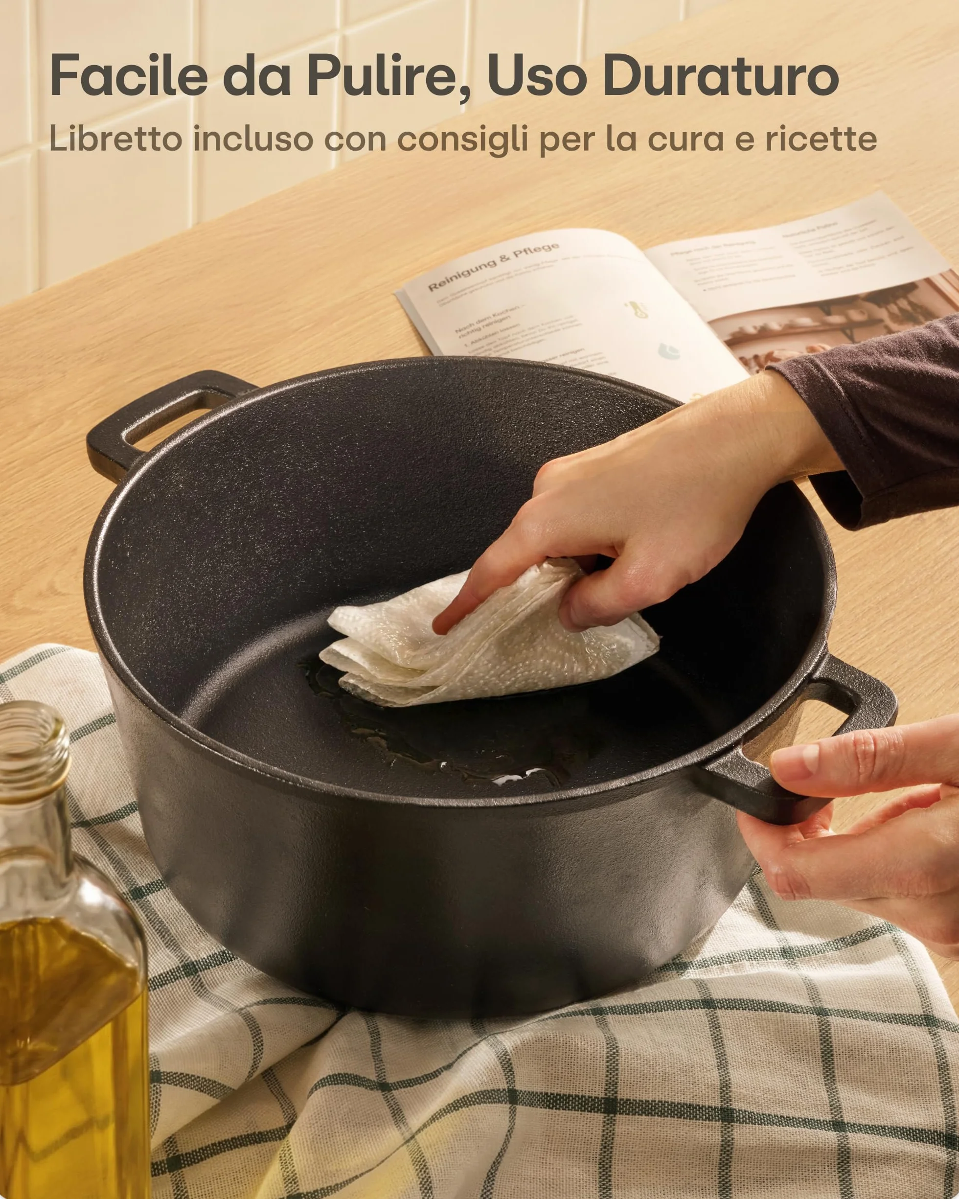 Praknu Pentola Ghisa 26 cm – Casseruola In Ghisa Set – con Cestino Lievitazione & Sacchetto Per Pane – Coperchio Incluso – 4,7 L Dutch Oven