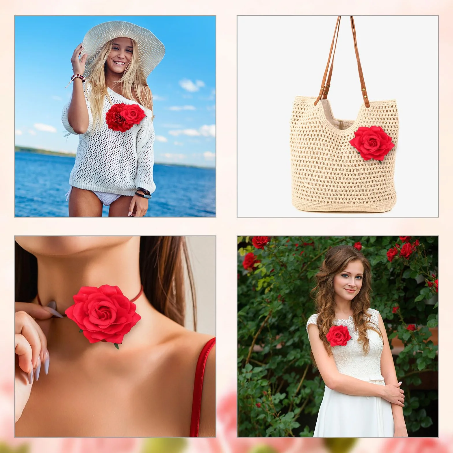 Fermagli per Capelli Fiori, Spilla Fiore Stoffa Grande, Clip a Fiore per Donna Halloween Natale Rosso