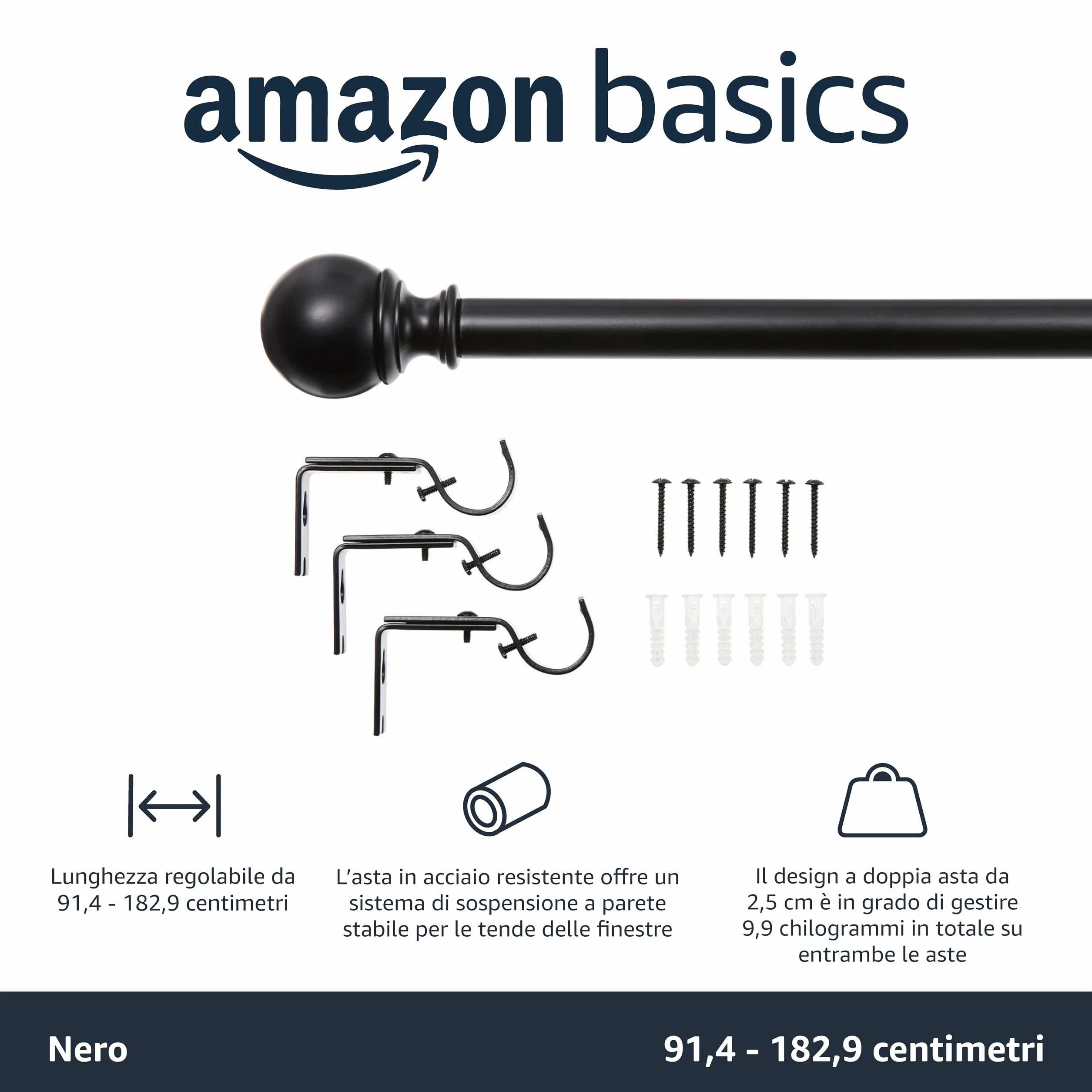 Amazon Basics Bastone per tenda estensibile diametro 19 mm da 91 a 183 cm nero