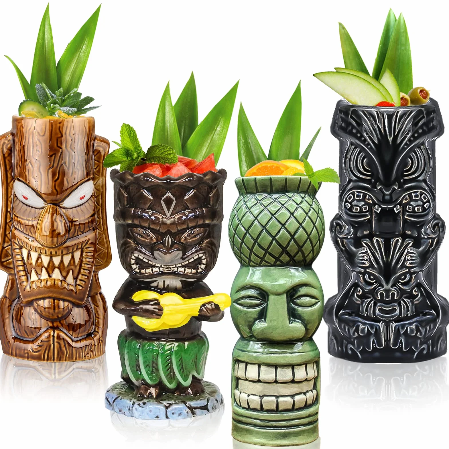 Tiki Tazze per cocktail in ceramica hawaiana, set di 4 grandi