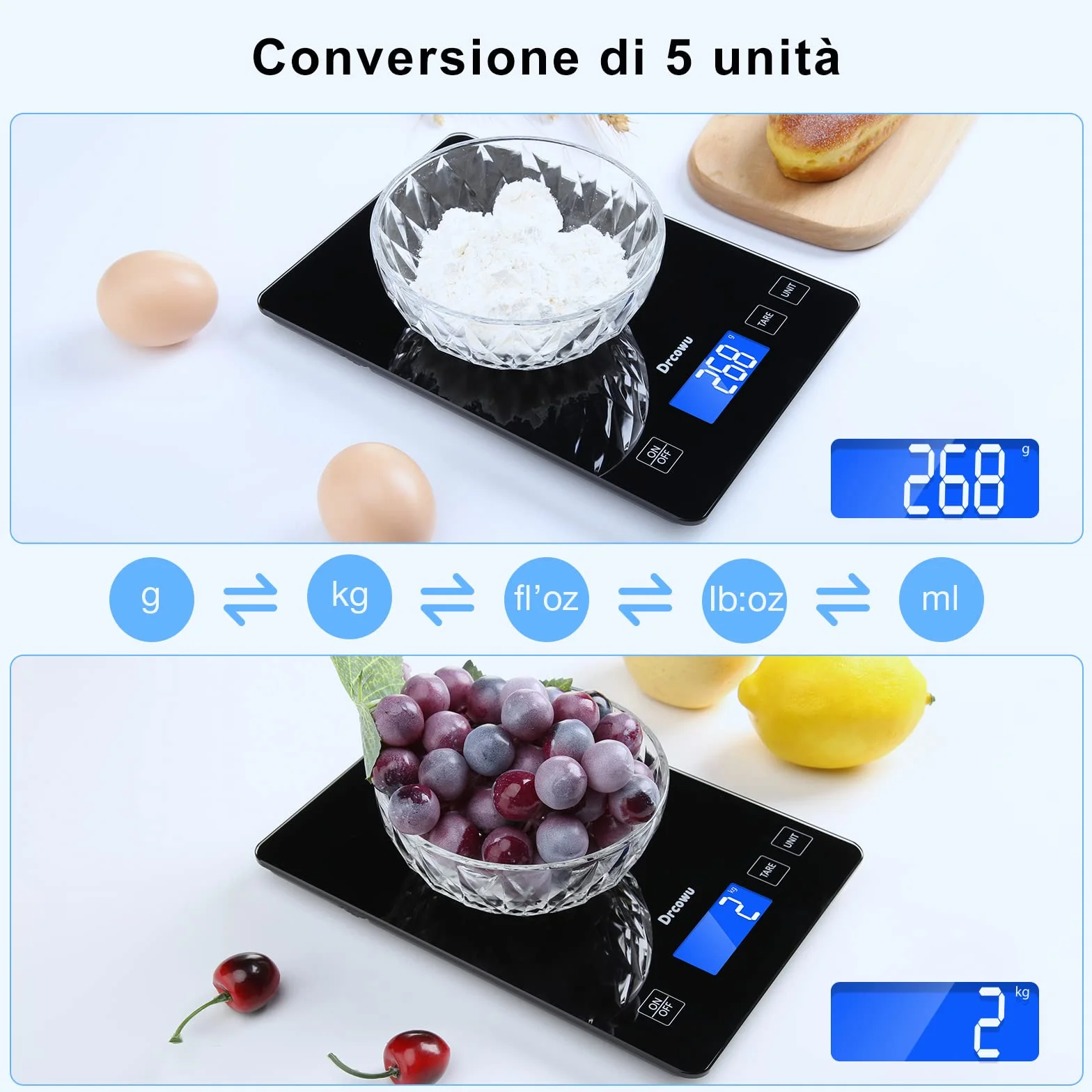 Bilancia da Cucina, Bilancia Cucina Digitale 15kg, alta Precisione 1 g Pesa Alimenti, Funzione Tare, Grande Display LCD, Bilance impermeabile Varie Unità in Grammi e Once, Pulsante touch