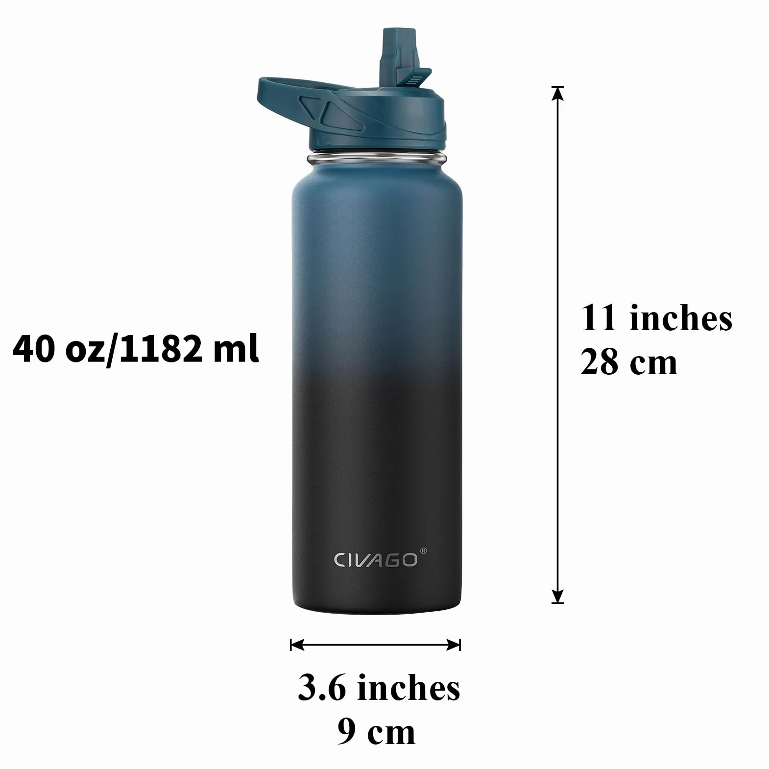 CIVAGO Borraccia termica con cannuccia, in acciaio inox, con 3 coperchi (cannuccia, beccuccio e coperchio con manico), a doppia parete, da viaggio, colore nero notte