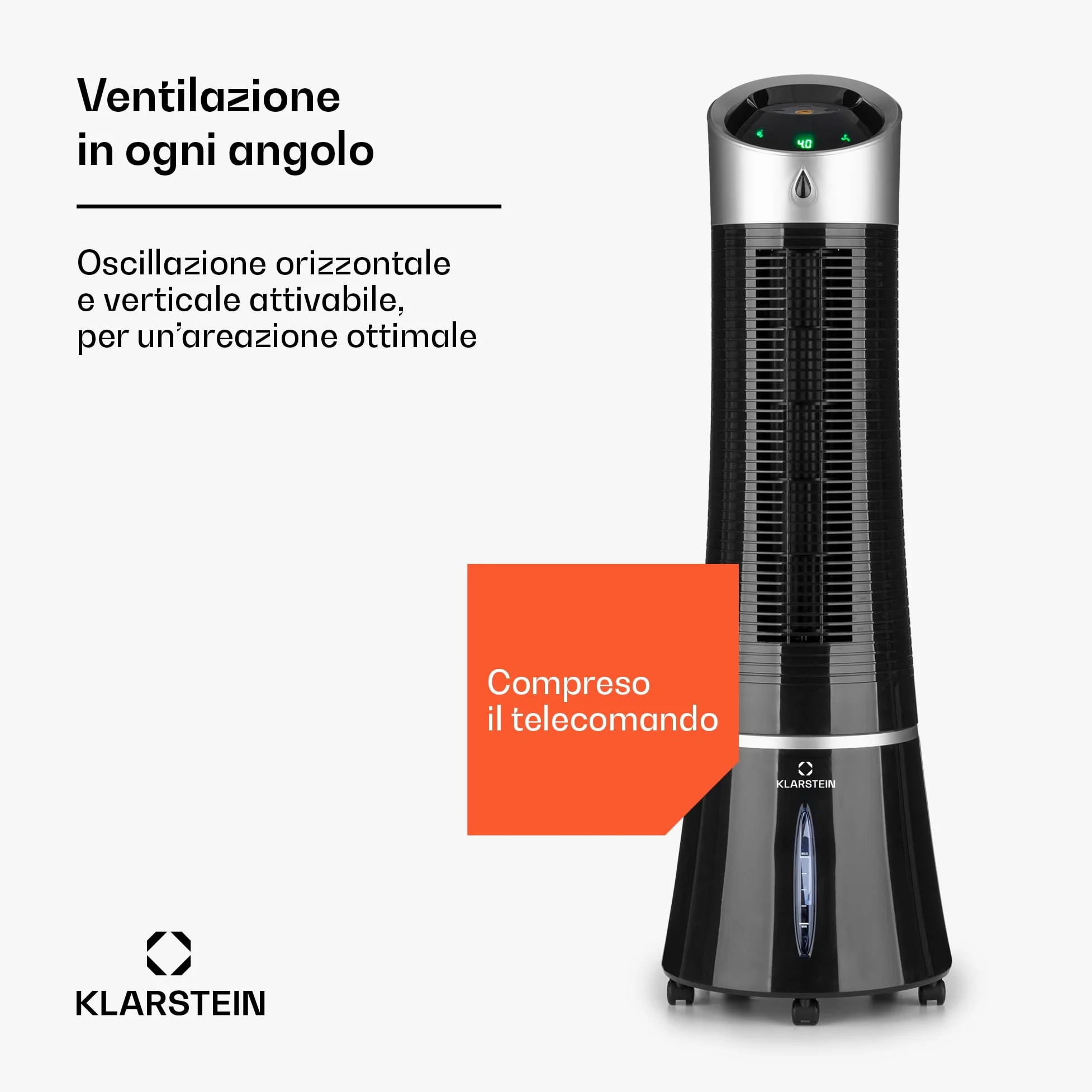 Climatizzatore 4in1: raffrescatore evaporativo, ventilatore, umidificatore/ionizzatore, 6L, oscillazione, 30W, 210m³/h, timer, no tubo di scarico, portatile, Klarstein, Nero, Skyscraper Ice Smart