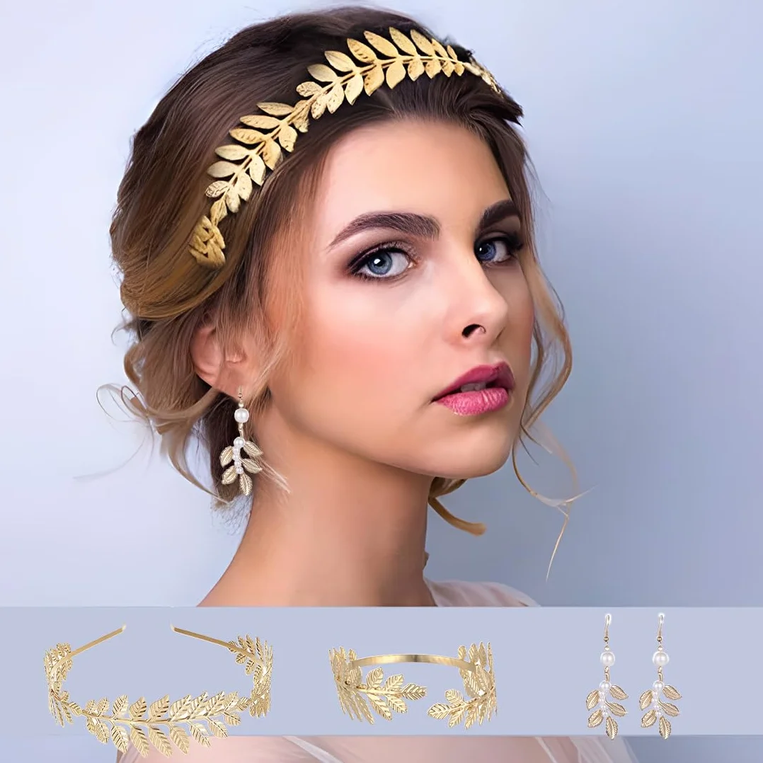Corona Dea Tiara Orecchini Foglia Oro Perla Bracciali Boho Accessori per Capelli Foglie Corone Romane per Matrimonio