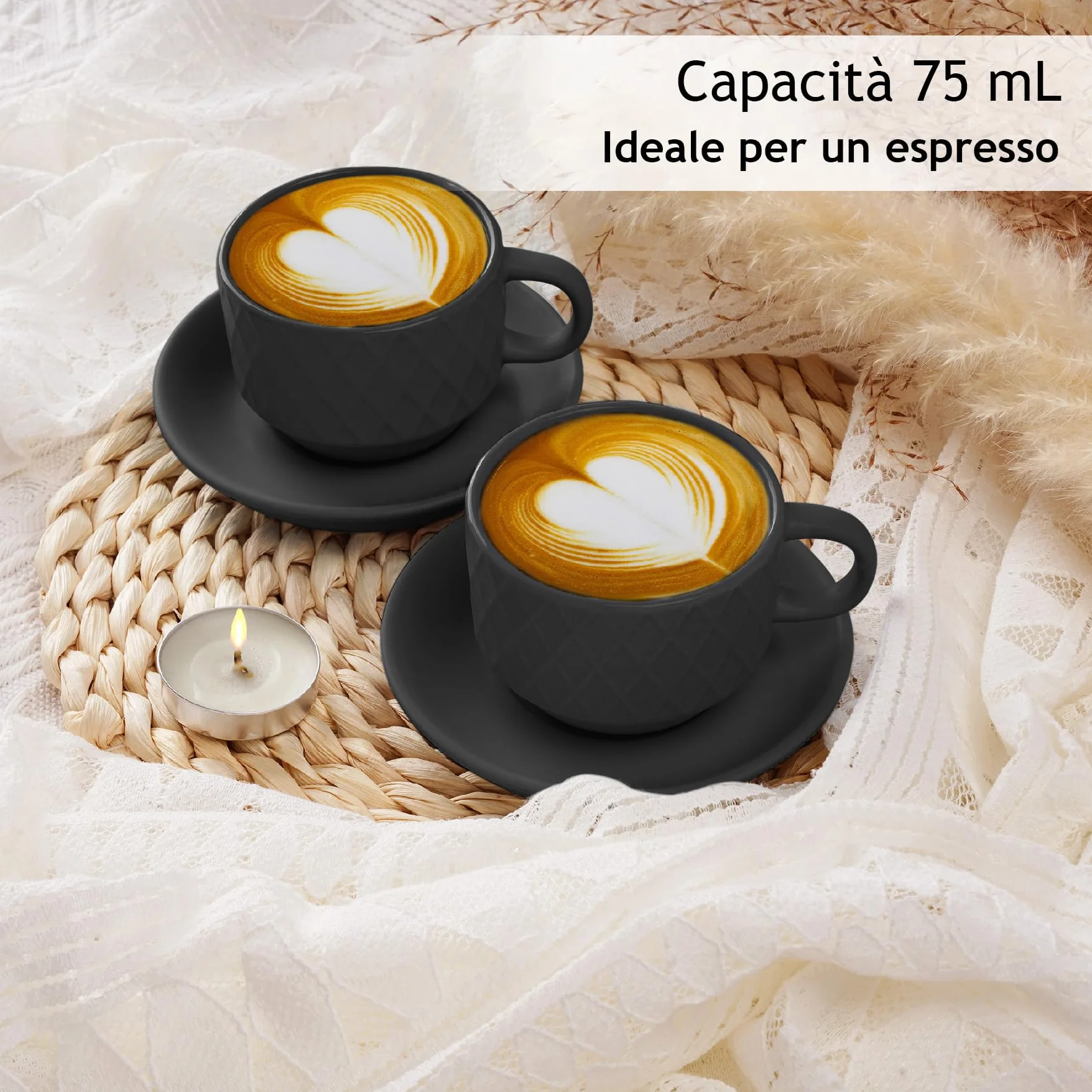 Set di 6 tazze da caffè espresso in ceramica 75 ml con motivo a diamante Palmanova Nero