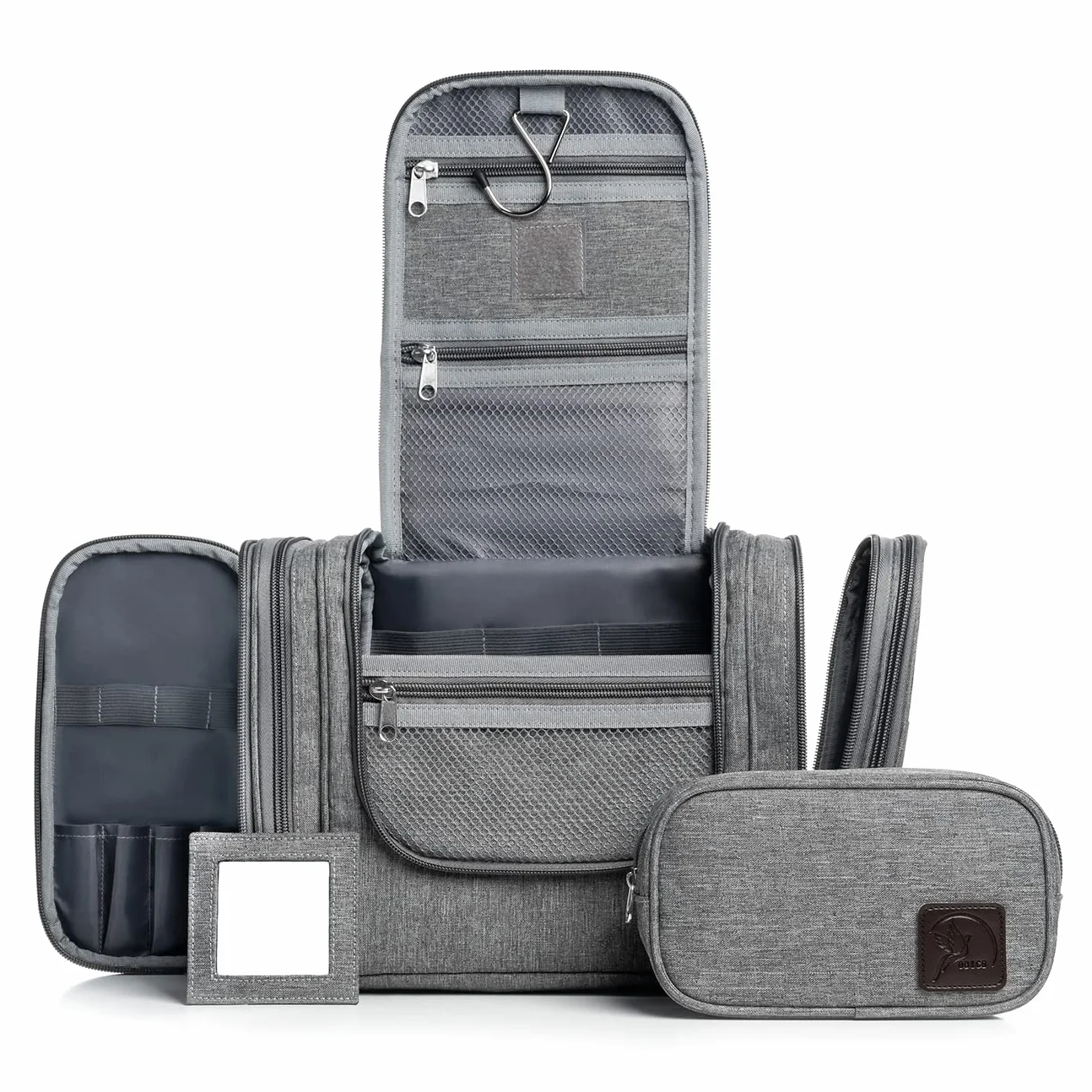 Obics® Beauty case da viaggio per uomo e donna 8L (grande) grigio XXL - Borsa da toilette e trousse da appendere con specchio - Sacchetto per cosmetici e toiletry per viaggi, campeggio (10 scomparti)