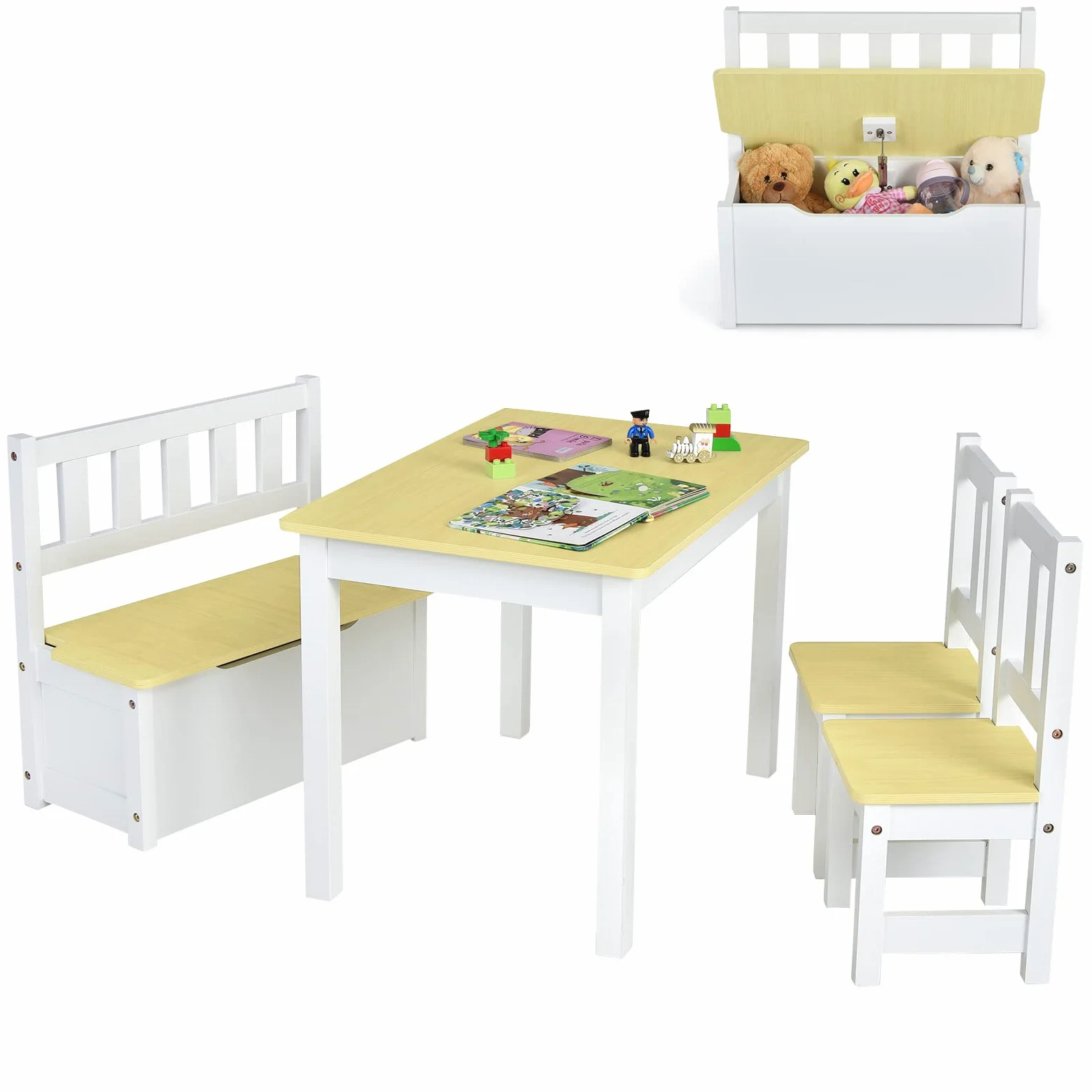 COSTWAY Set 4 Pezzi Tavolo e Sedie per Bambini, 2 in 1 Tavolino Attività di Legno per Bambini con 2 Sedie e 1 Panca, per Giocare Disegnare Leggere e Mangiare (Naturale)
