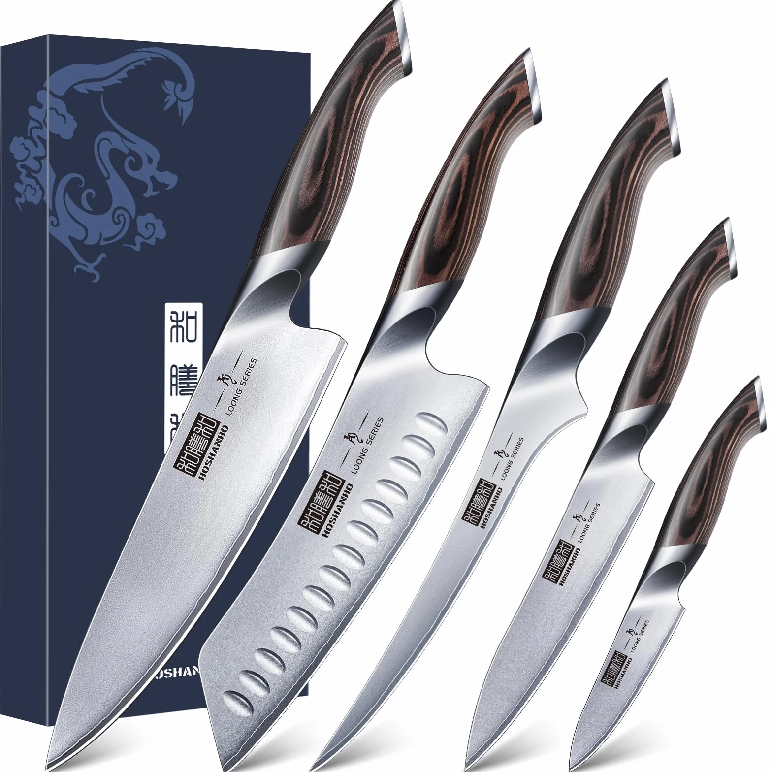 HOSHANHO Set di Coltelli da 5 Pezzi, Set Coltelli da Cucina Giapponesi in Acciaio Inossidabile ad Alto Tenore di Carbonio, Set di Coltelli da Chef Professionali Ultra Affilati