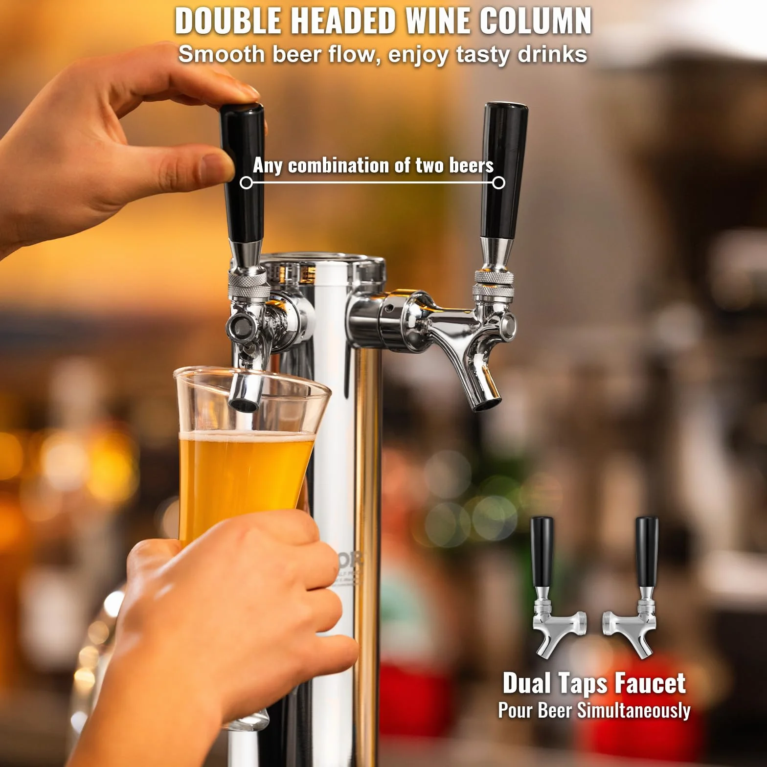 VEVOR Kit Spillatore Birra a Doppio Rubinetto, Dispenser Torre Birra per Fusti in Acciaio Inossidabile con Regolatore W21.8 Doppio Manometro e Accoppiatore Fusti S-System