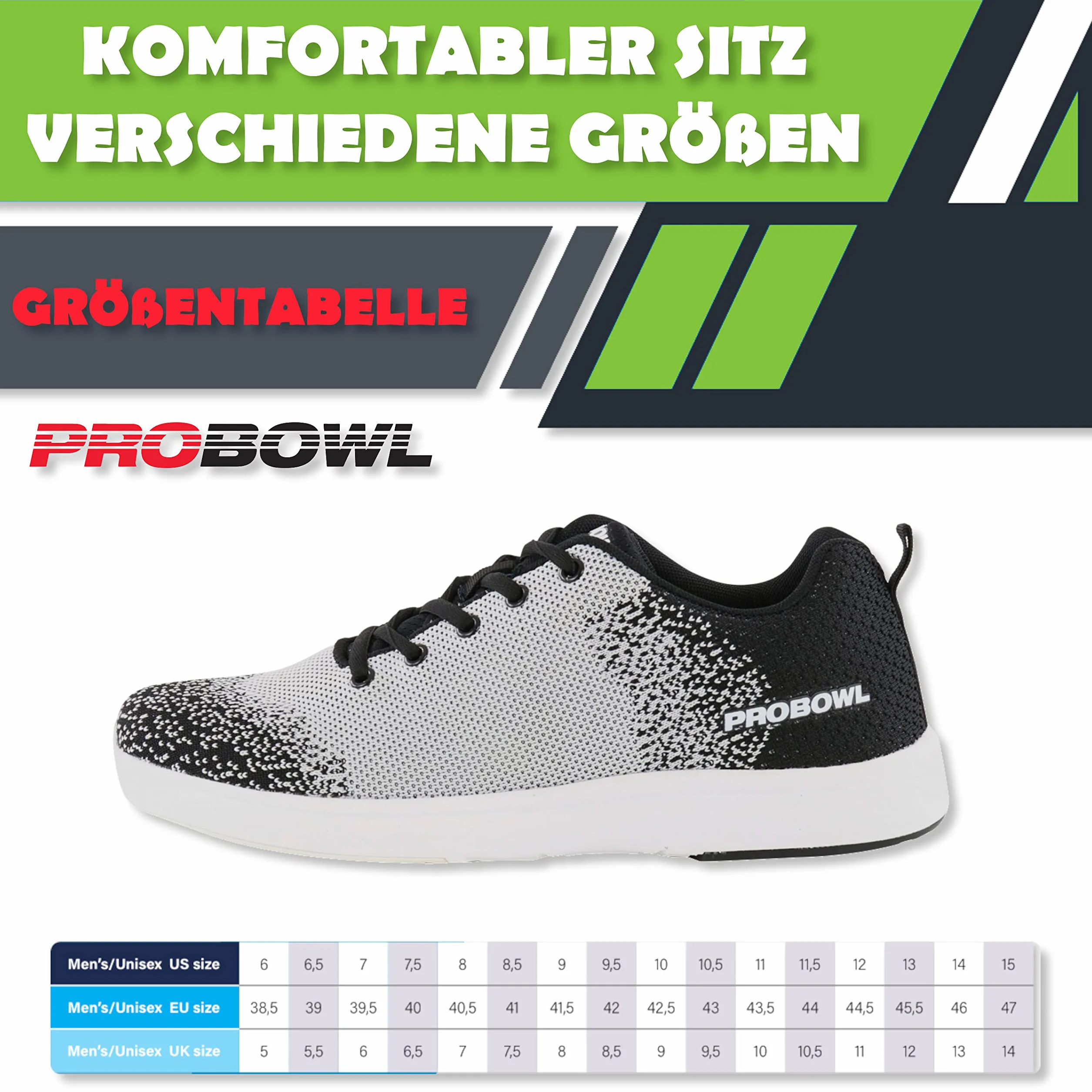 EMAX Scarpe da Bowling Uomo Pro Bowl Tattica Nero Bianca Taglia 38.5-46
