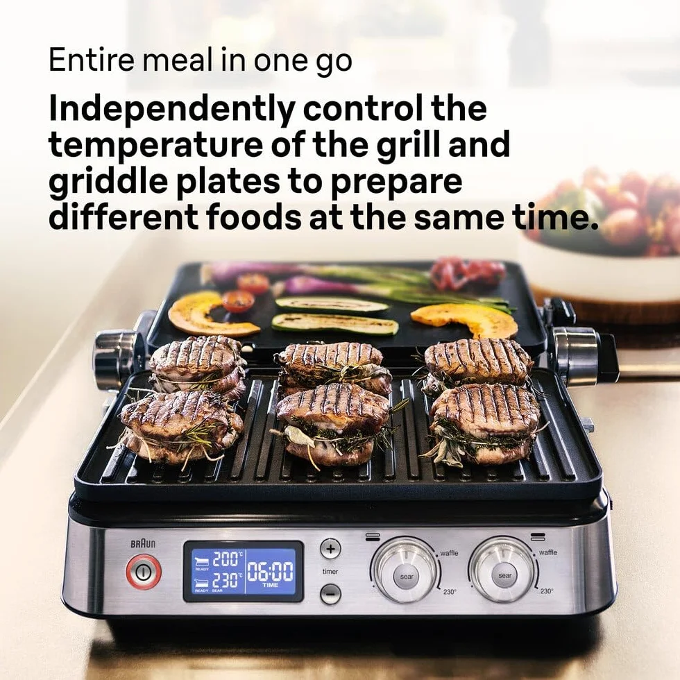 Braun MultiGrill9 CG9043 Griglia Elettrica a Controllo Elettronico con 2 Termostati Indipendenti, Griglia Aperta 37x46cm, Funzione BOOST, Piastre Removibili in Dotazione 2 Set Griglia e Liscia, 2000W