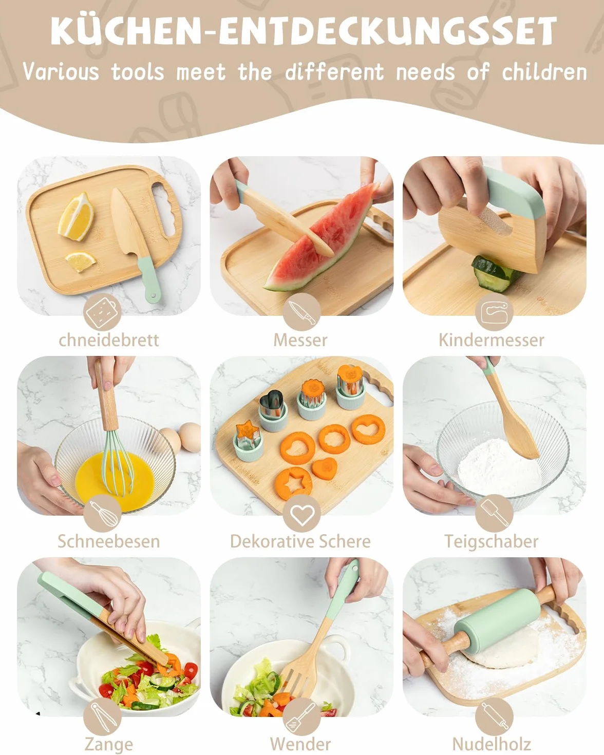 Set di coltelli per bambini, 15 pezzi, con taglierino sicuro, tagliere in legno, set da cucina Montessori per il taglio, apprendimento a partire dai 3 anni (verde)