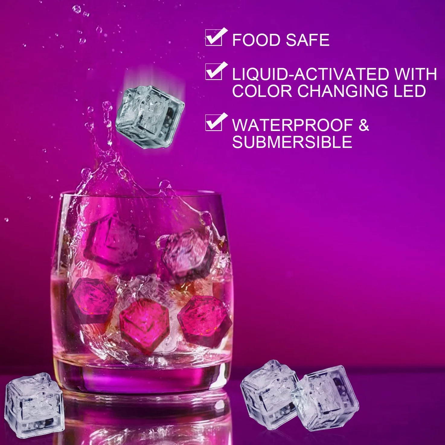 Cubetti di ghiaccio luminosi, 200 cubetti di ghiaccio a LED rosa per bevande, IP67, impermeabili, riutilizzabili, luci lampeggianti per club, bar, feste, matrimoni, cocktail