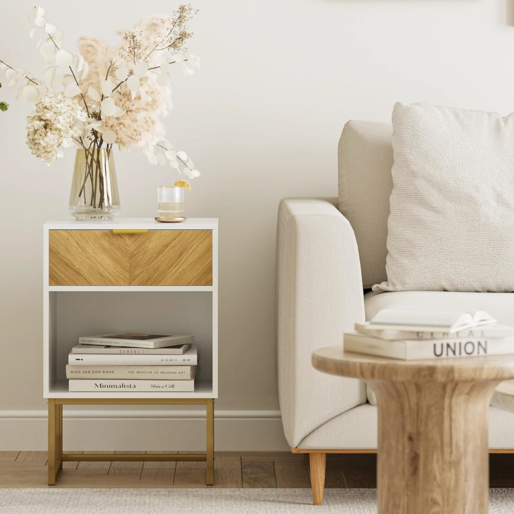 HEYZOEY Comodino moderno, bianco, 40,00 x 30,00 x 60,00 cm, con cassetto in rovere, per soggiorno, camera da letto, ufficio
