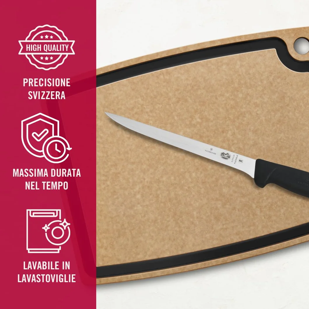 Victorinox Fibrox, Coltello per sfilettare, Coltello da Cucina Affilato per Carne e Pesce, 20 cm, Lama Dritta, Flessibile, Acciaio Inossidabile, Nero