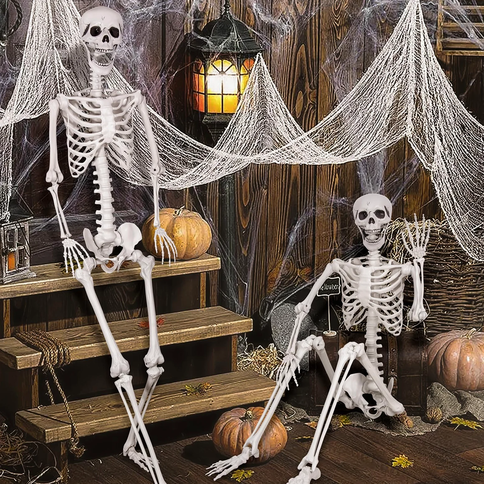 Scheletro a grandezza naturale per Halloween, 180 cm con articolazioni mobili, per decorazioni spaventose per feste di Halloween (2Pcs)