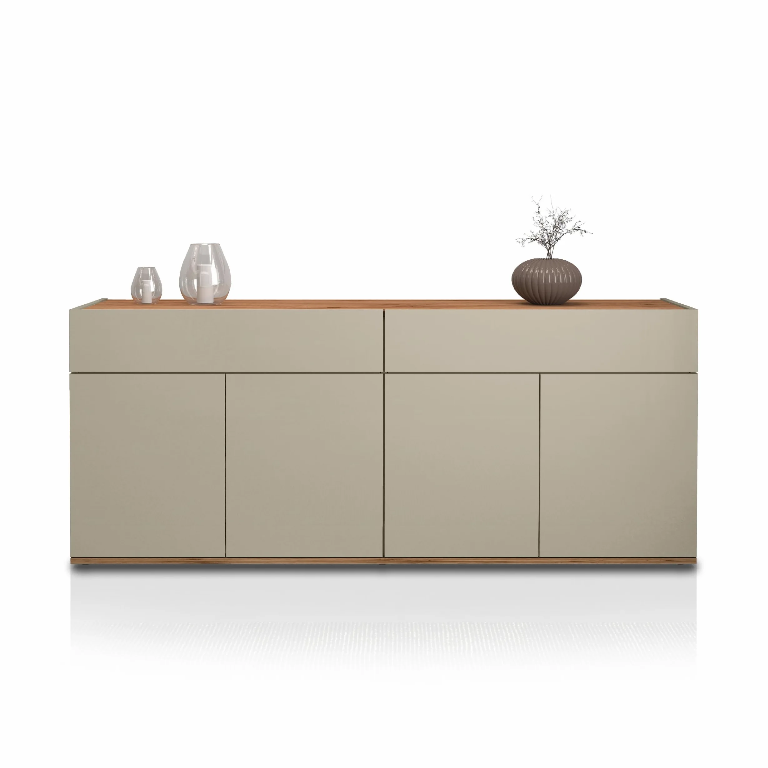 WHOUS Credenza e Buffet GARDA per Soggiorno con 2 Cassetti e 4 Ante, Madia per Salotto, Cucina e Sala da Pranzo in Legno, 160,1x35x70 cm, Tortora Opaco e Rovere