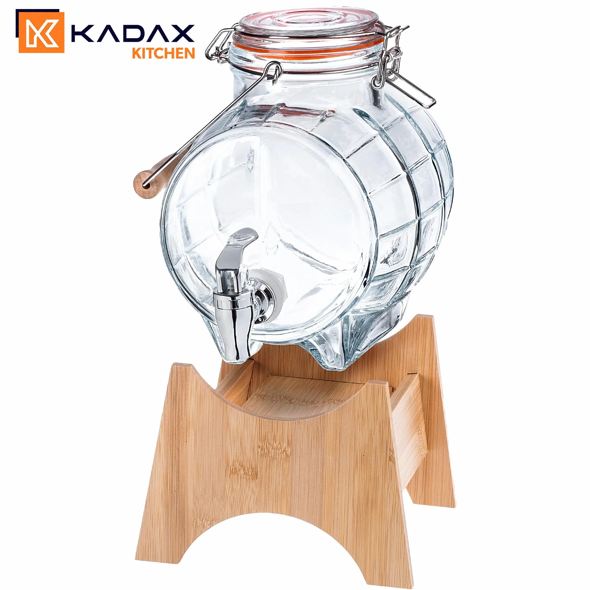 KADAX Barile con Rubinetto, Dispenser per Bevande in Vetro trasparente con Base in Legno (3 l)