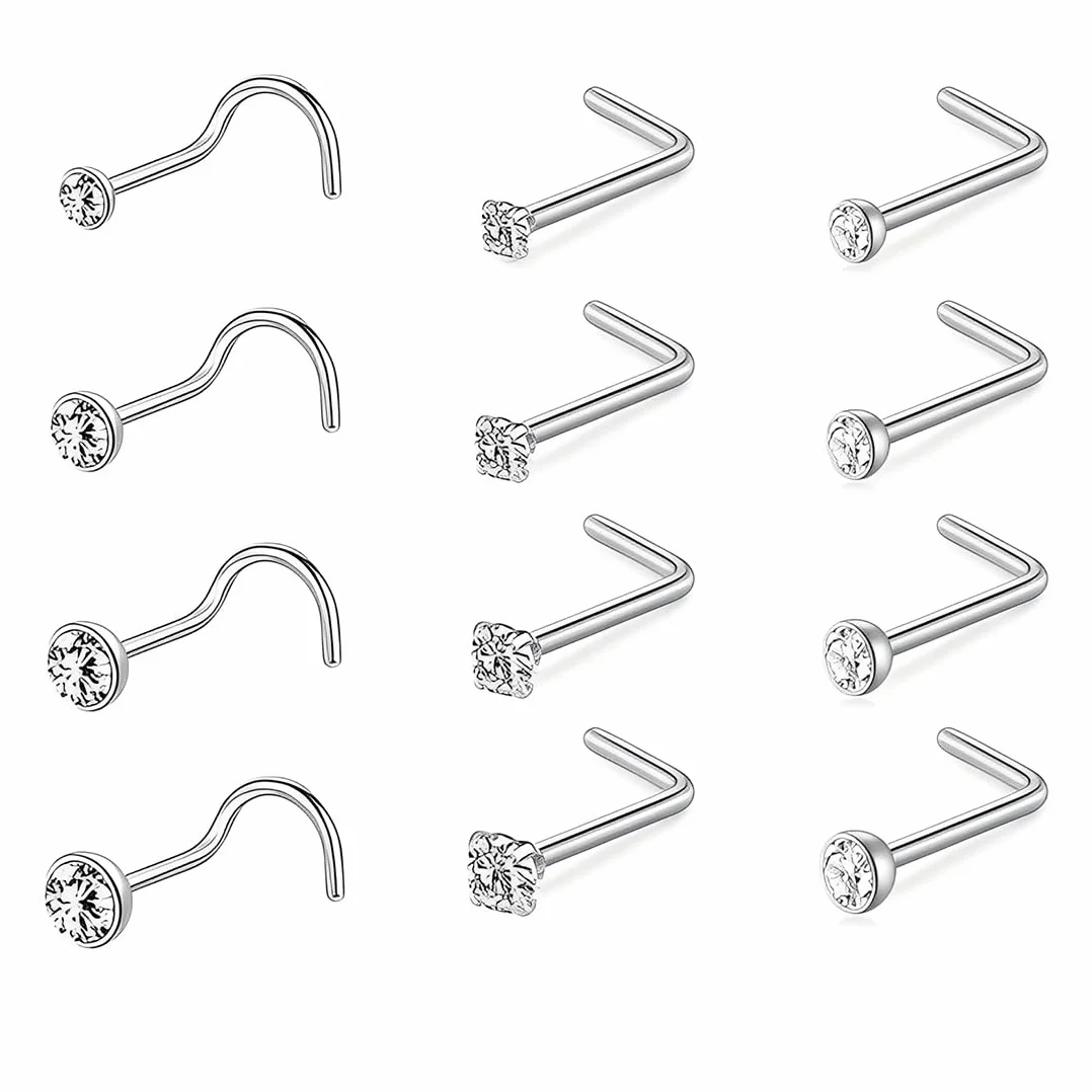 JEYORZY 12 Pezzi Piercing Naso Acciaio Inox CZ Orecchini Naso Borchi a Forma di L Gioielli