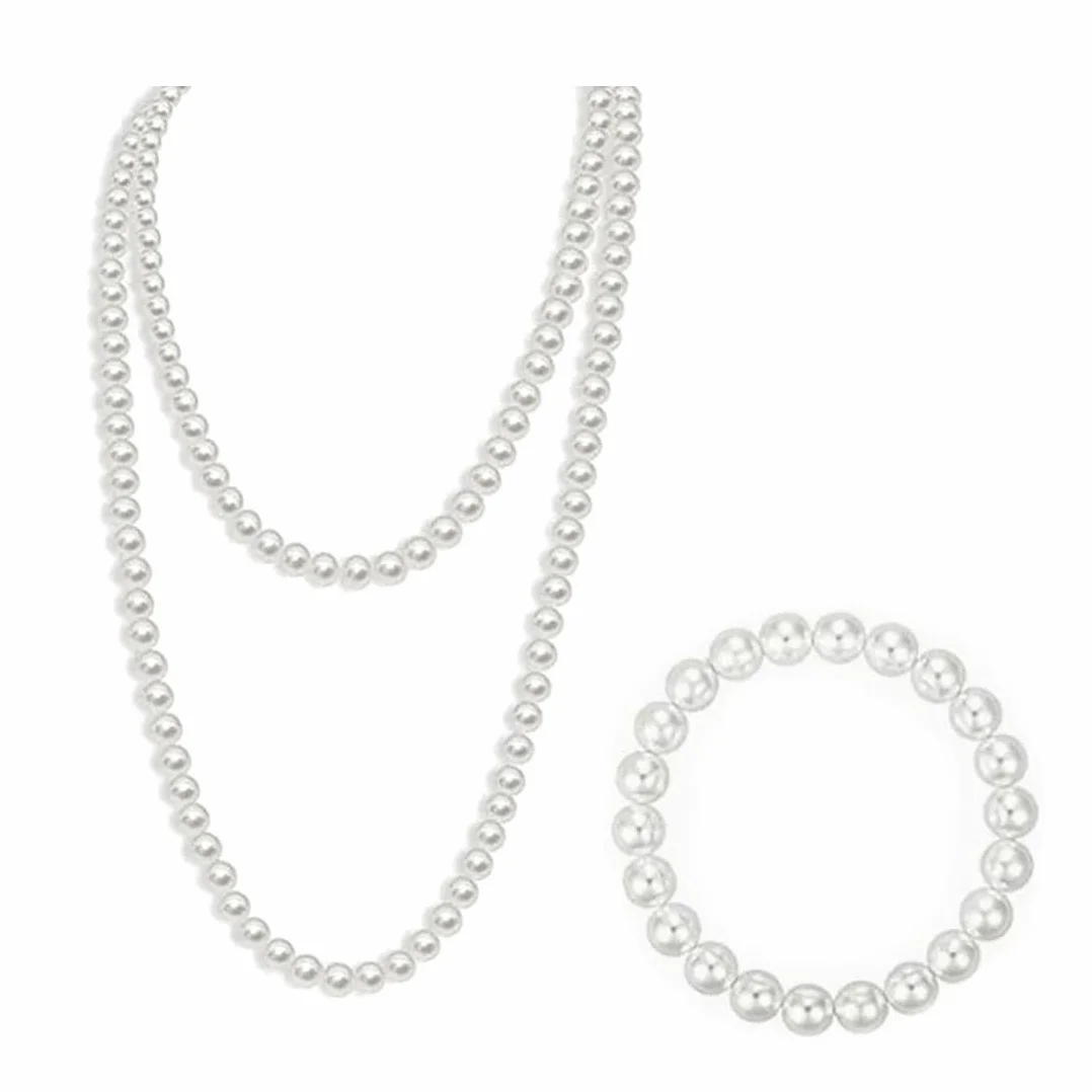 Collana di Perle Bianca 150cm con Bracciale, 1920s Costume Accessori Elegante Lunga Collana di Signore in Bianco