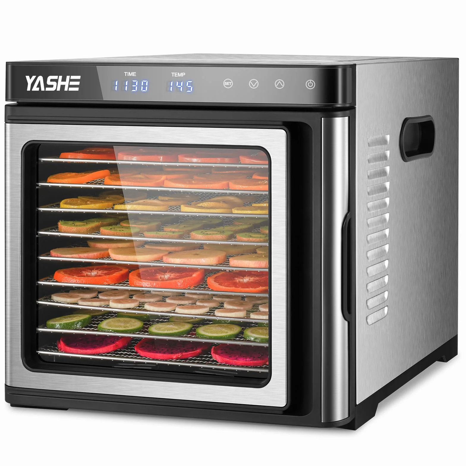 Essiccatore Alimentare in Acciaio Inox, Regolazione Precisa della Temperatura (35-75°C), Timer di 48 Ore, 9 Vassoi in Acciaio Inox, 2 Setacci in Rete, 1 Vassoio per Rotoli di Frutta, 1000W