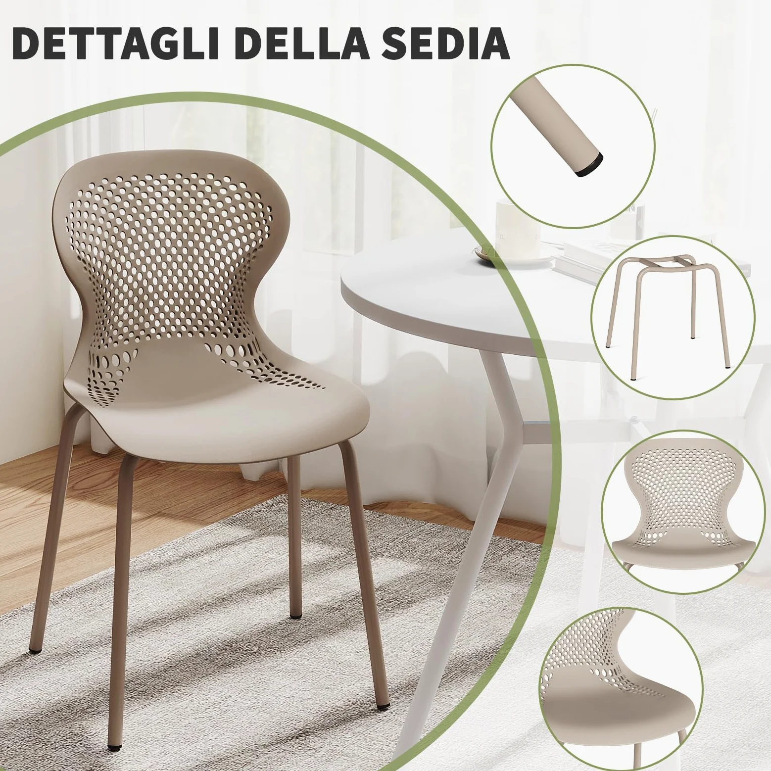 JIJIAN Set di 6 Sedie Sala da Pranzo Impilabili, Sedia da Cucina con Gambe in Metallo, Sedie da Giardino in Plastica, per Sala da Pranzo, Soggiorno, Giardino, Balcone e Terrazza, Cachi