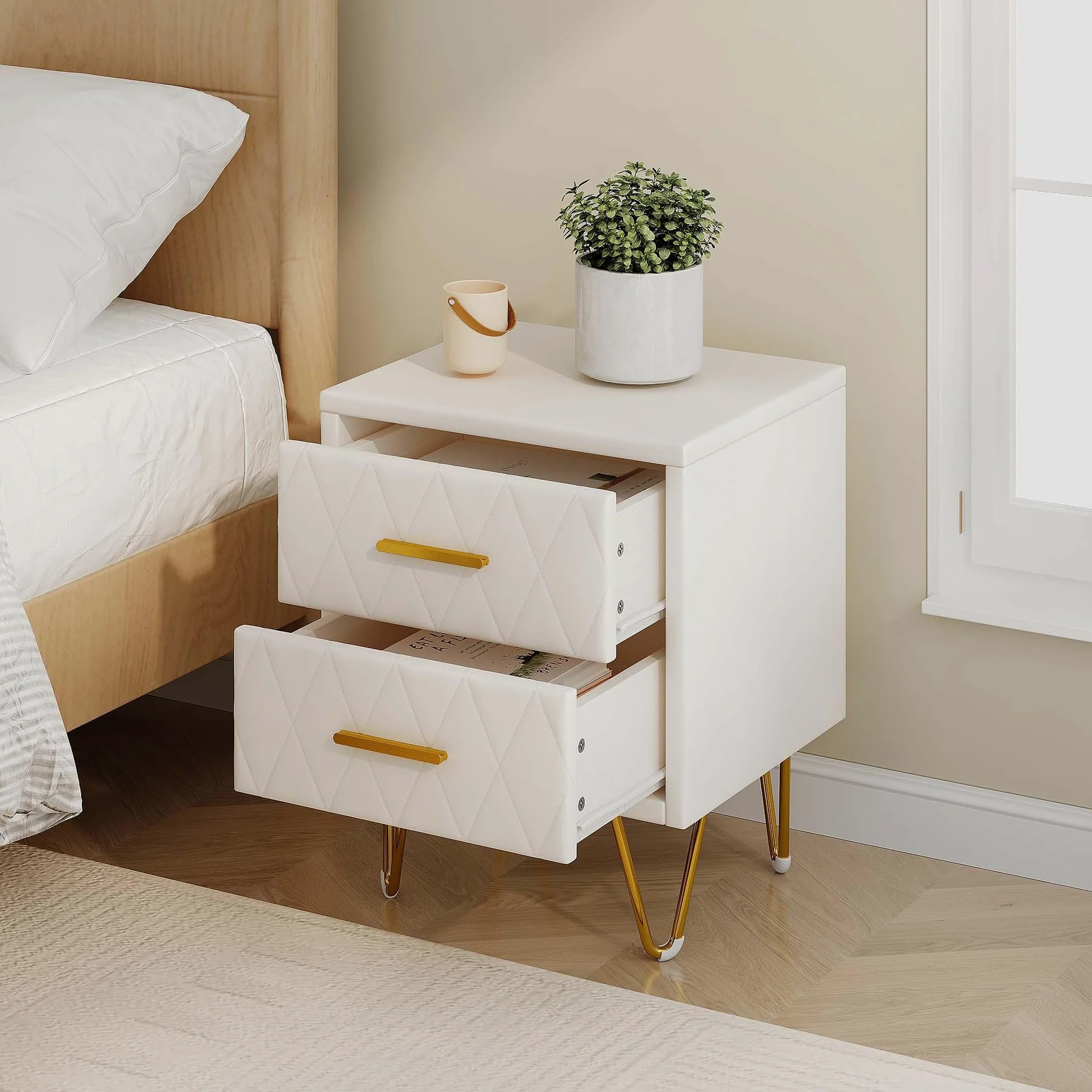 Comodino con 2 cassetti, superficie in pelle, tavolino con piedini e maniglie in metallo per camera da letto, soggiorno, 41 x 35,5 x 51 cm (beige PU+2 cassetti, 2 unità)