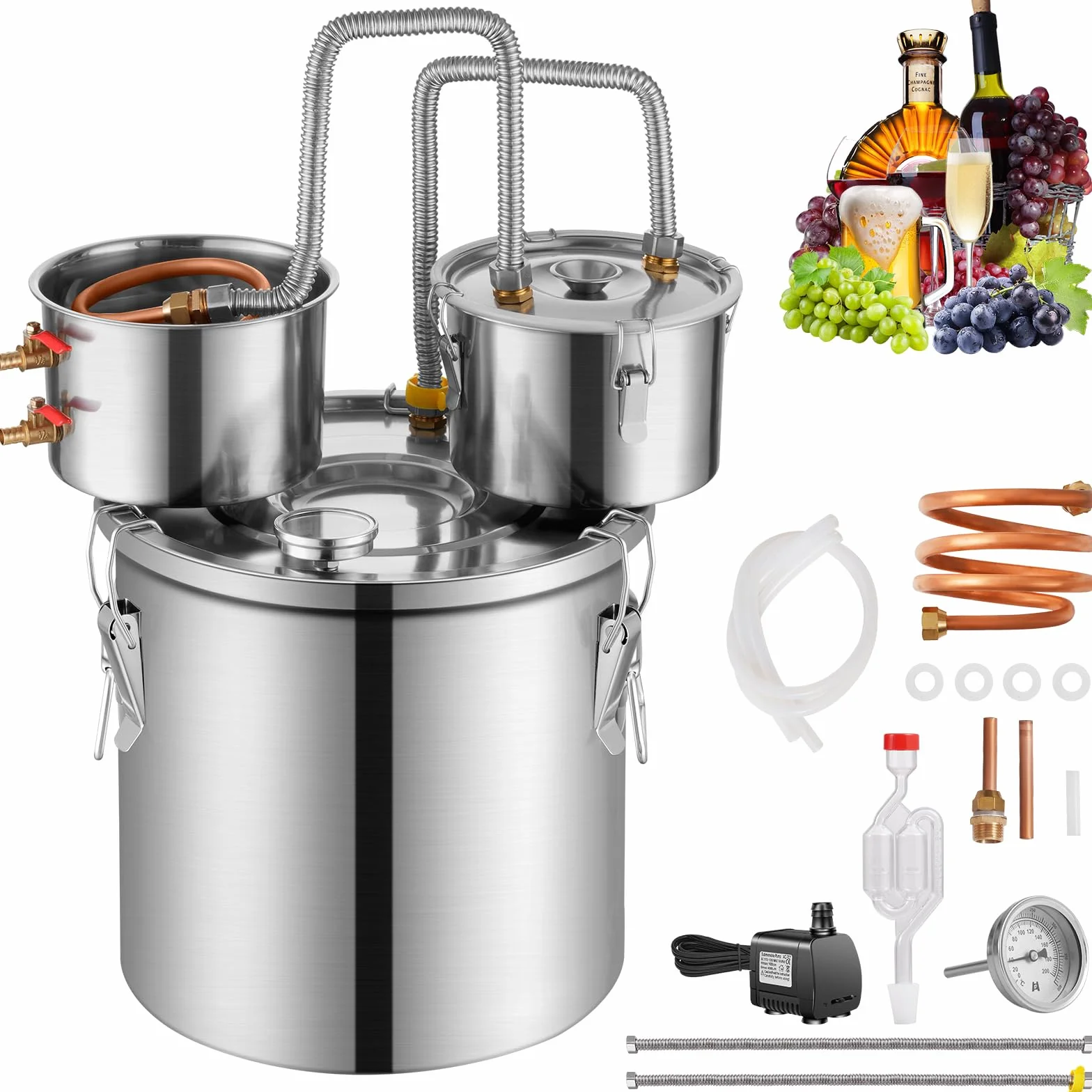 VEVOR Distillatore di Bevande Alcoliche Fusto Capienza ca. 50L Kit di Distillatore di Alcol per Raffreddamento, Set di Distillatore a Doppio Condensatore con Distillazione Secondaria Liquore Alcolico