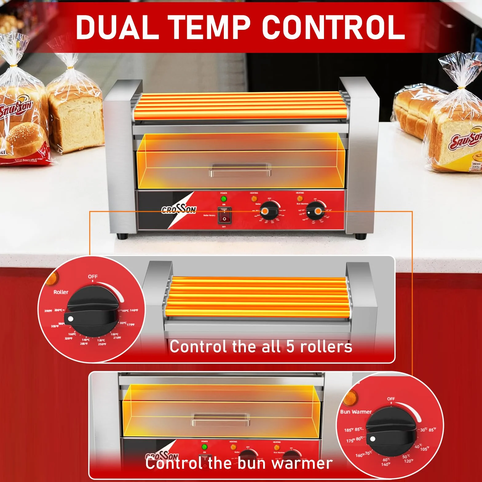 CROSSON Macchina Hot Dog Professionale 5 Rouley con Cassetta Riscaldante per Panini,12 Hotdogs Rullo Elettrico per Hot Dog con Controllo della Temperatura,1050W