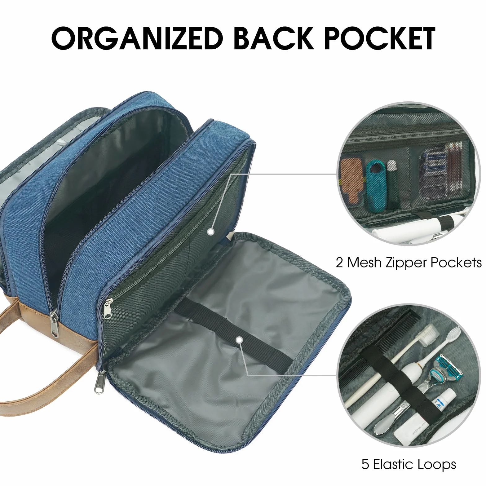 WANDF Beauty Case Uomo da Viaggio – Borsa da Toilette Impermeabile Organizer Capiente per Accessori da Barba e Igiene, con Manico Laterale (Blu)