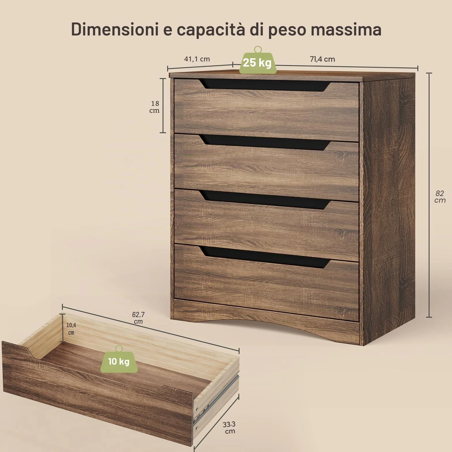 Bealife Cassettiera 4 Cassetti, Comò Camera da Letto, Mobile Contenitore per Soggiorno, 82x41x71 cm, per Camera da Letto，Soggiorno, Cucina, Marrone chiaro