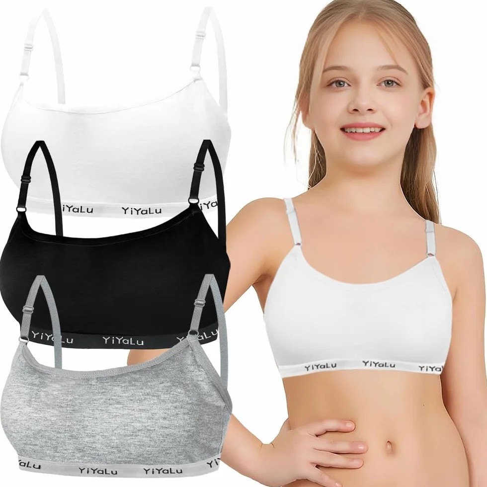 Bysion Confezione da 3 Reggiseno da Allenamento Senza Cuciture per Ragazze Cotone Sportivo Intimo con Pastiglie e Spallacci Regolabili 10-14 Anni