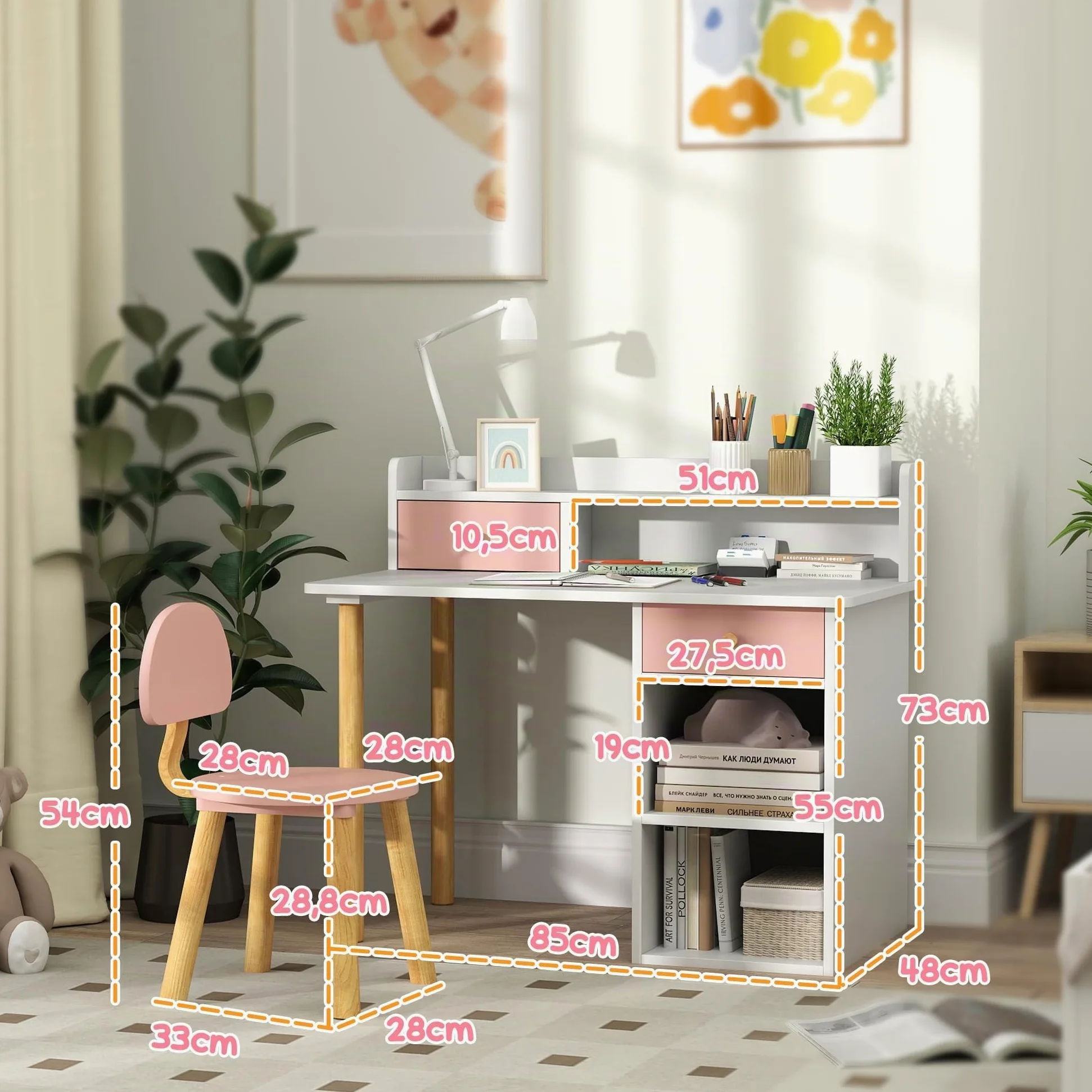 AIYAPLAY Set di scrivania e sedia per bambini +3 anni Scrivania per bambini con cassetti, scomparti e ripiani per la camera da letto e la sala studio Rosa e bianco