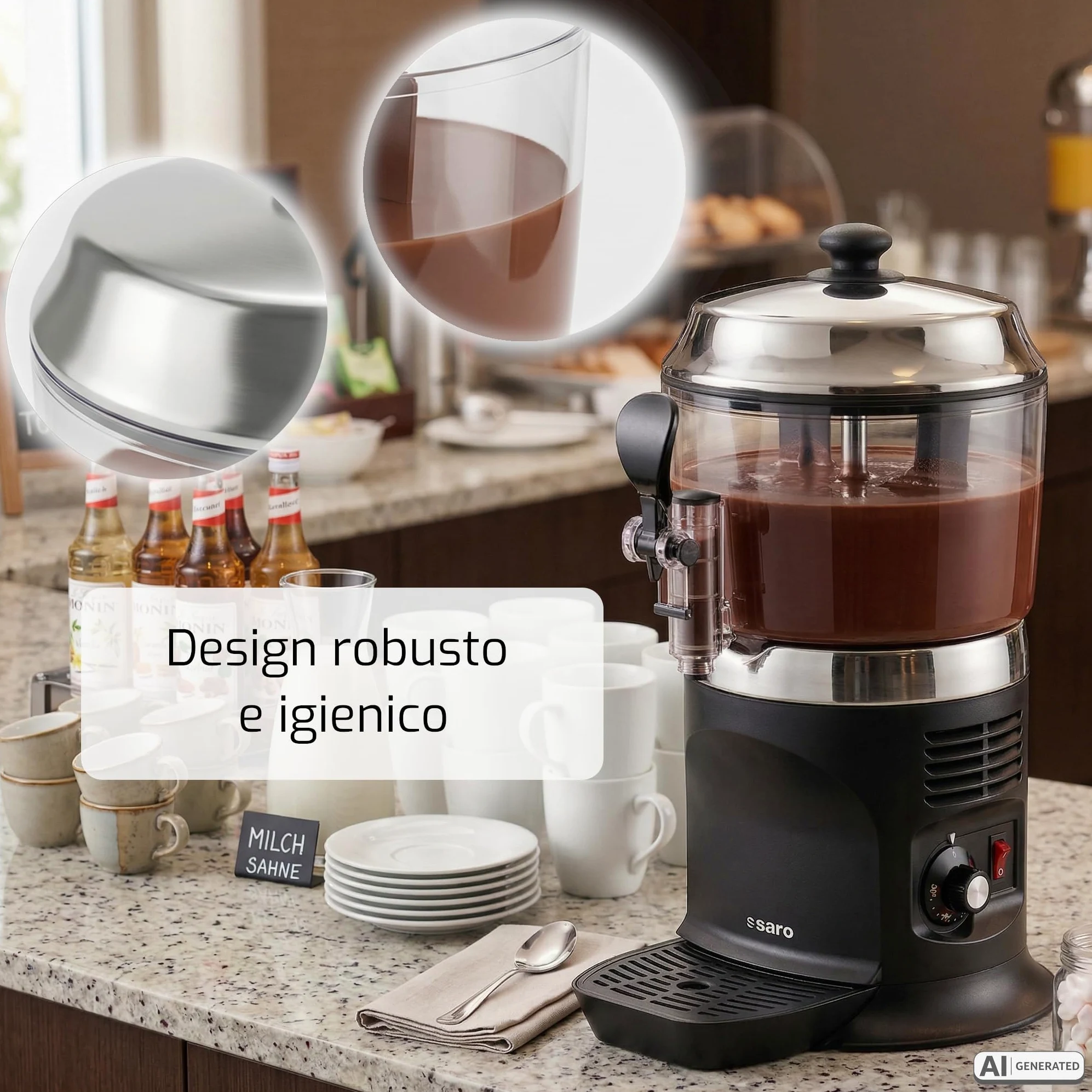 SARO NINA - Dispenser e agitatore di cacao, da 5 l, con temperatura regolabile in modo continuo da 30 a 90 °C, rubinetto, contenitore rimovibile, da 260 x 320 x 500 mm (l x P x H), 230 V, 1,1 kW
