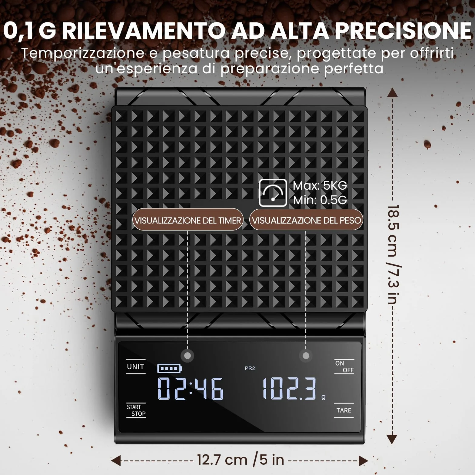 Bilancia da Caffè con Timer, Bilancia da Cucina Digitale Ricaricabile, Bilancia di Precisione da 5 kg/0,1 g per Espresso e Versamento, Bilancia da Caffè con Misurazione Automatica del Tempo