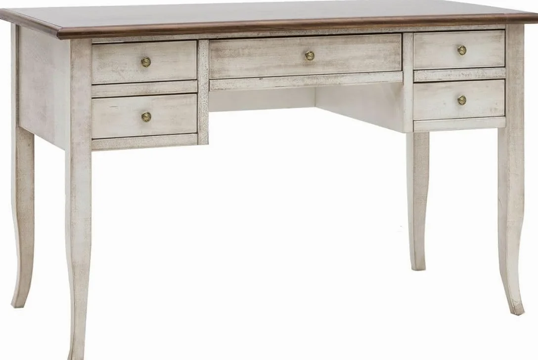 Vicentini arreda SCRIVANIA SCRITTOIO IN LEGNO SHABBY CHIC BICOLORE BIANCO ANTICATO E NOCE (L 105 P 56 H 81)